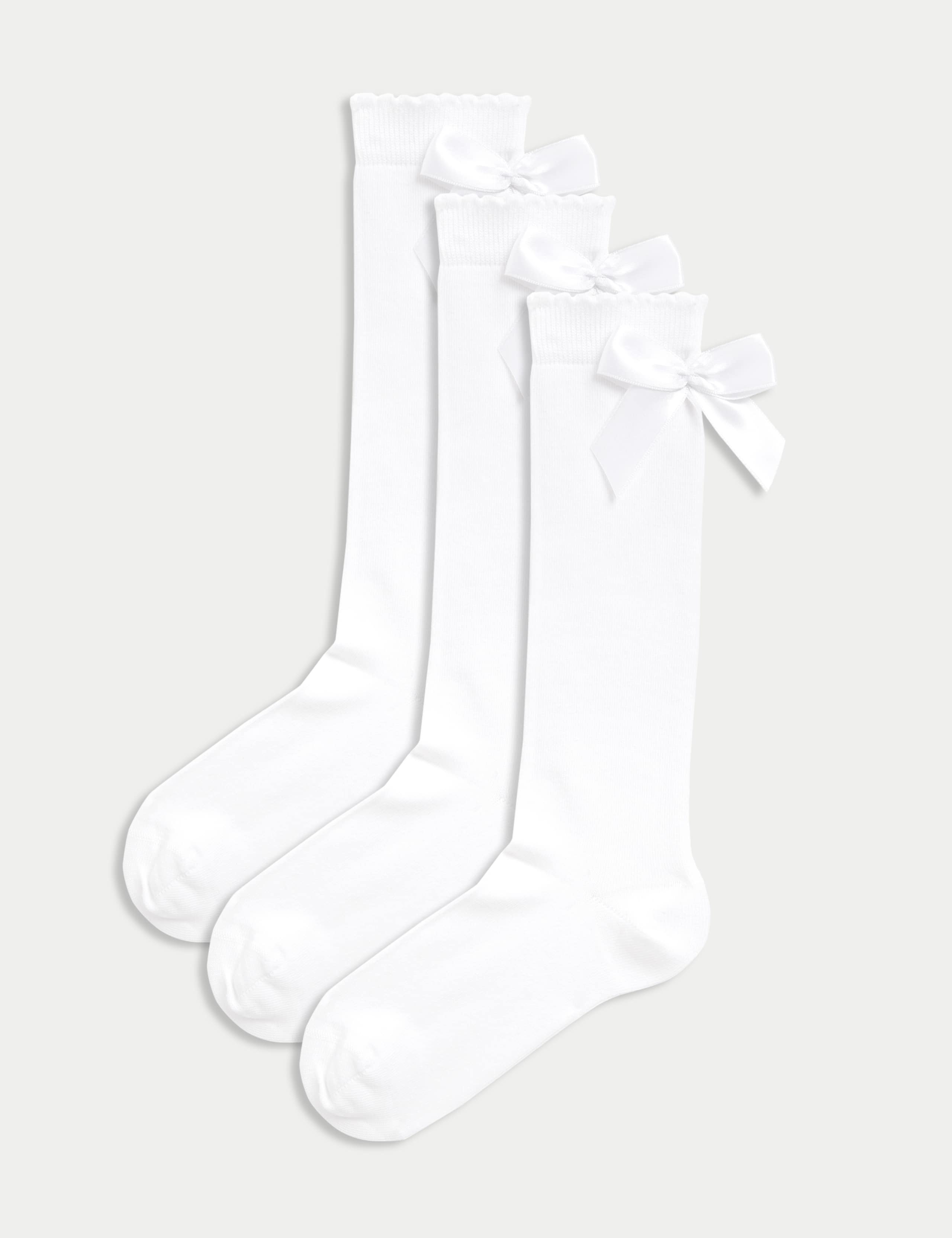 3p Cotton Rich Picot Knee High Bow Socks (6-8½ Small - 4-7 Large)