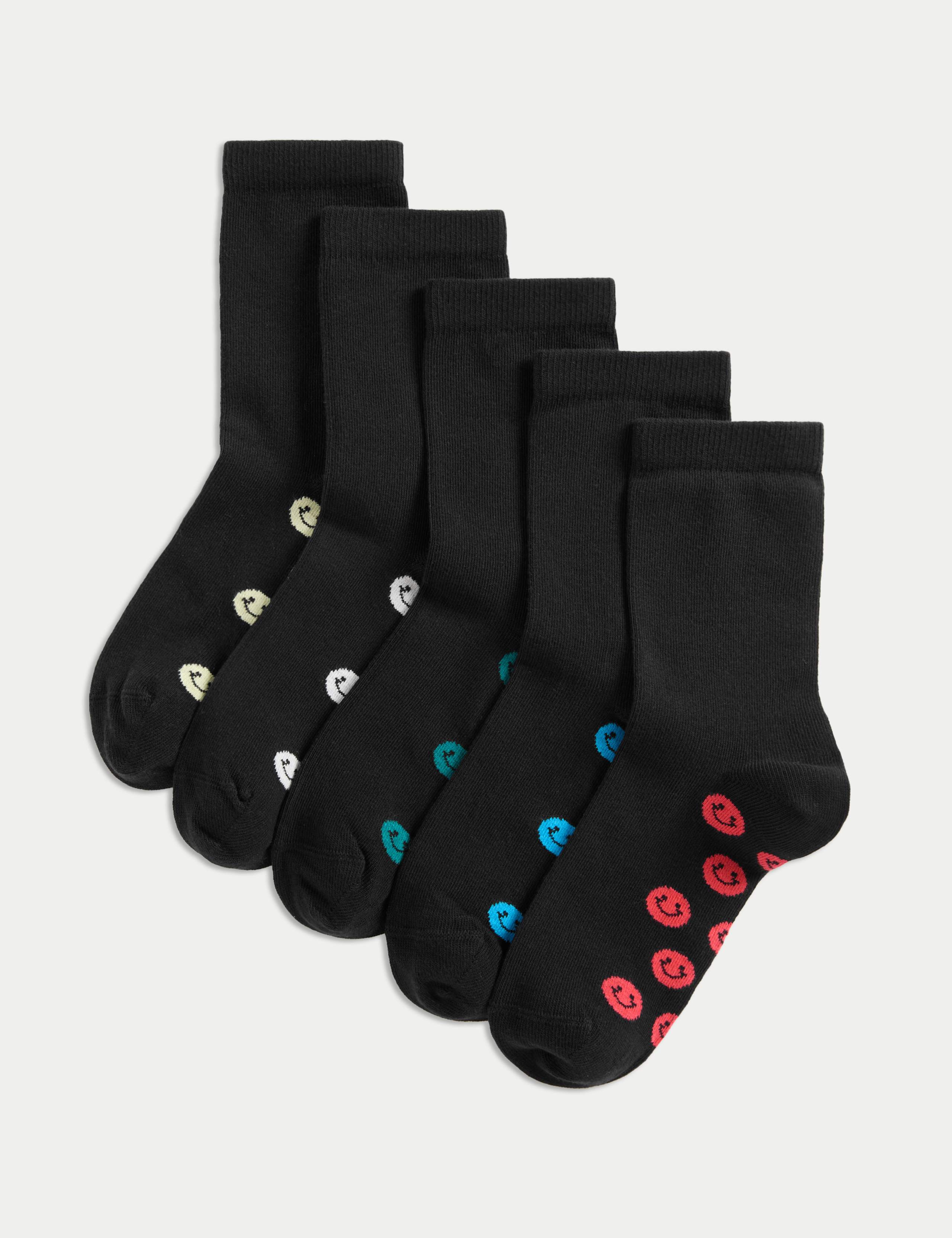 5pk Cotton Rich Smiley Faces School Socks