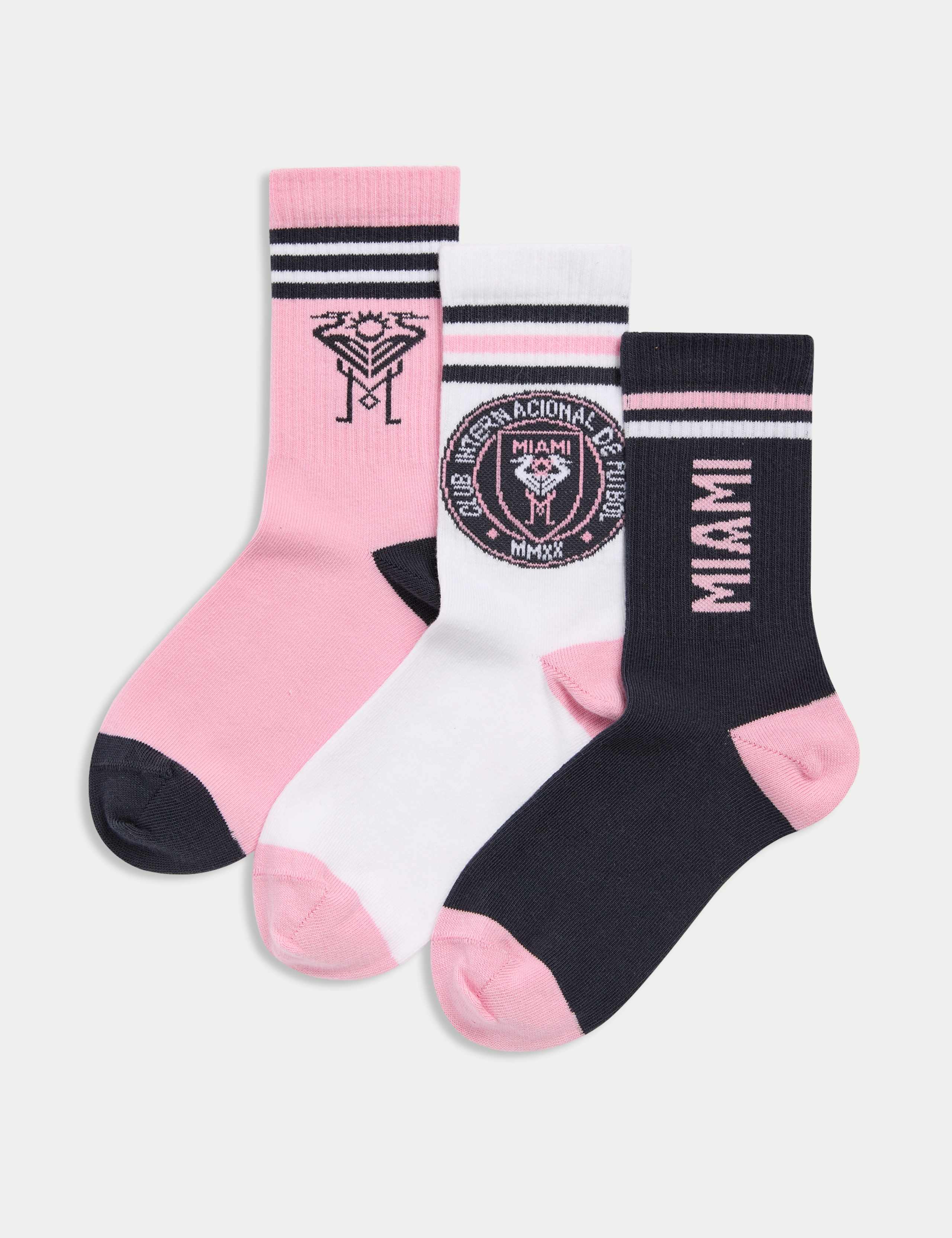 3pk Cotton Rich Inter Miami Sports Socks (8½ Small - 7 Large)