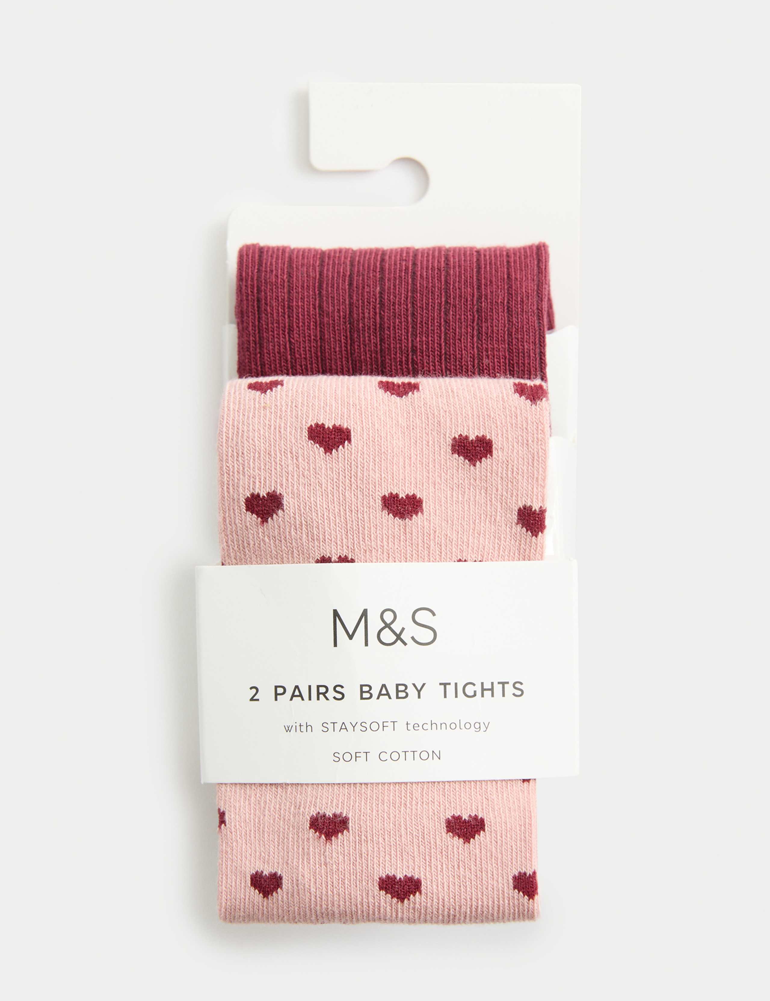 2pk Cotton Rich Pink Heart & Ribbed Tights (0-3 Yrs)