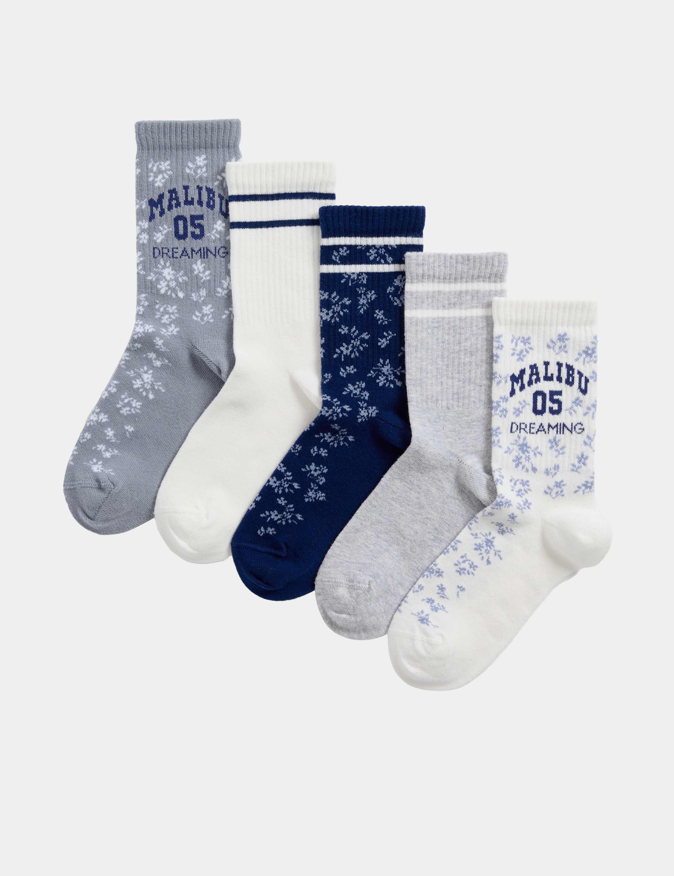 5pk Cotton Rich Ribbed Malibu Socks (6 Small - 7 Large)
