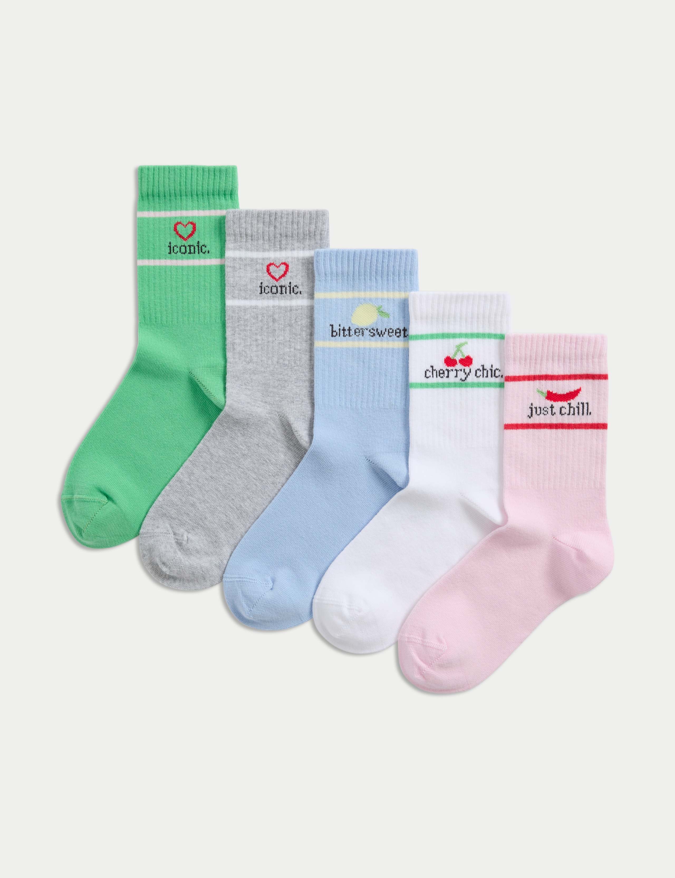 5pk Cotton Rich Ribbed Striped Slogan Socks (6 Small - 7 Large)