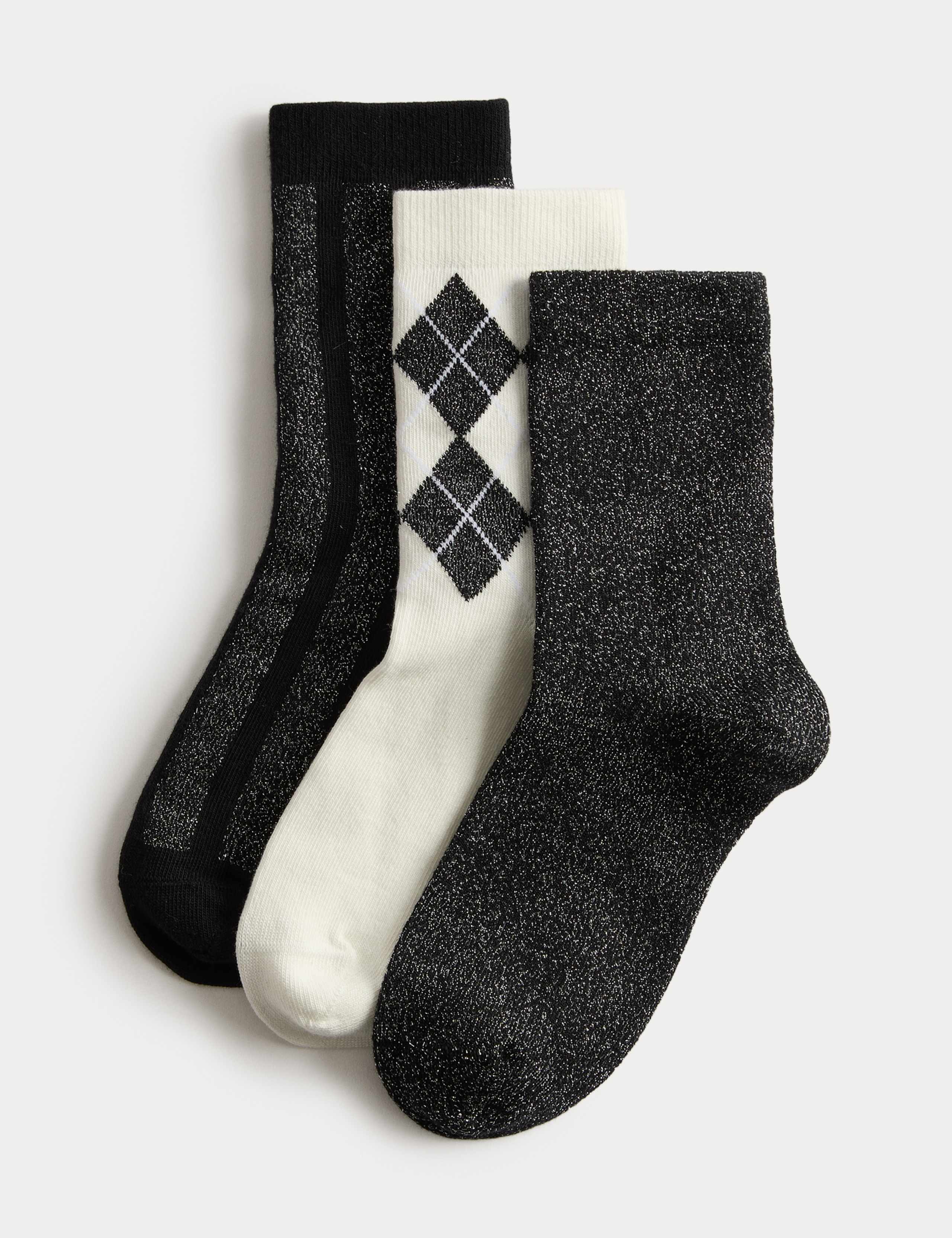 3pk Cotton Rich Sparkle Socks (6 Small - 7 Large)