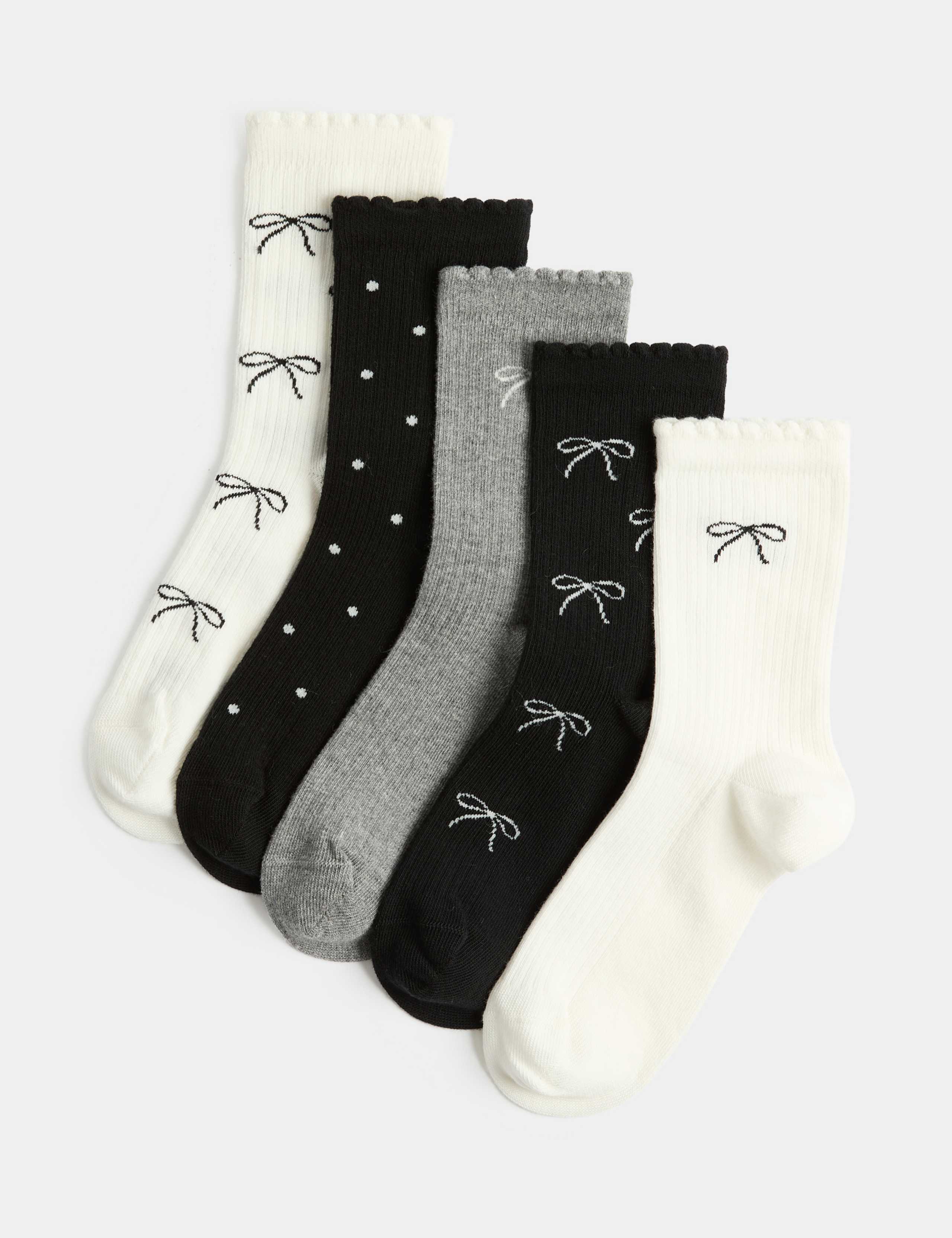 5 Pack Cotton Rich Bow Socks (6 Small-7 Large)