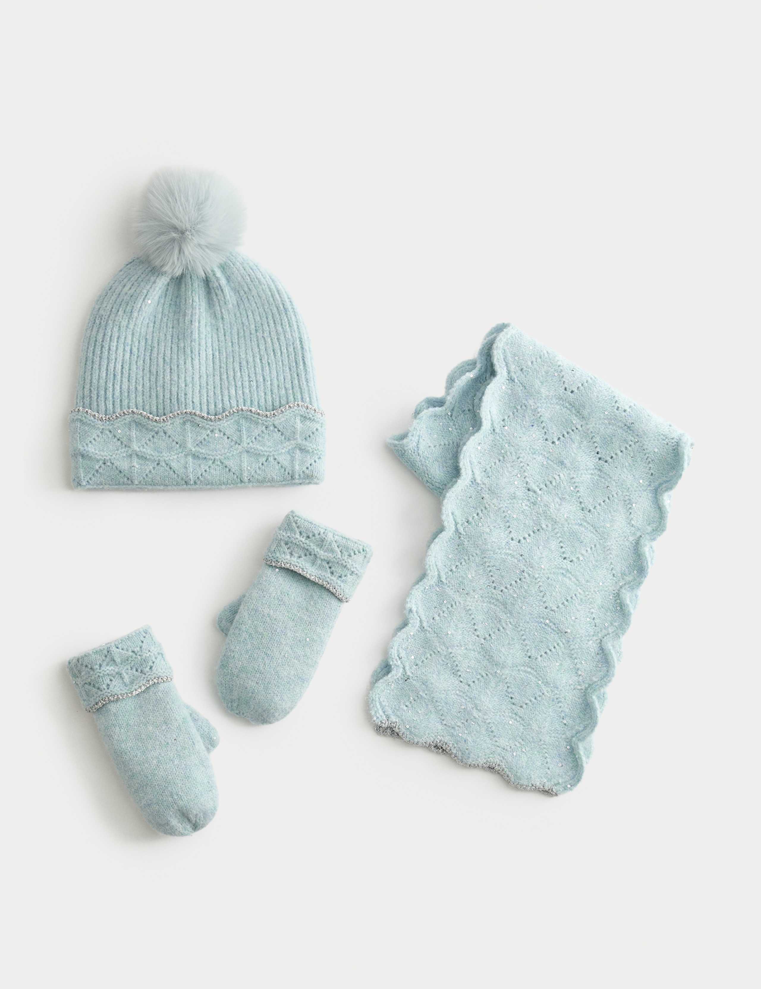 Kids Scallop Hat Scarf and Mittens Set (1-13 Yrs)