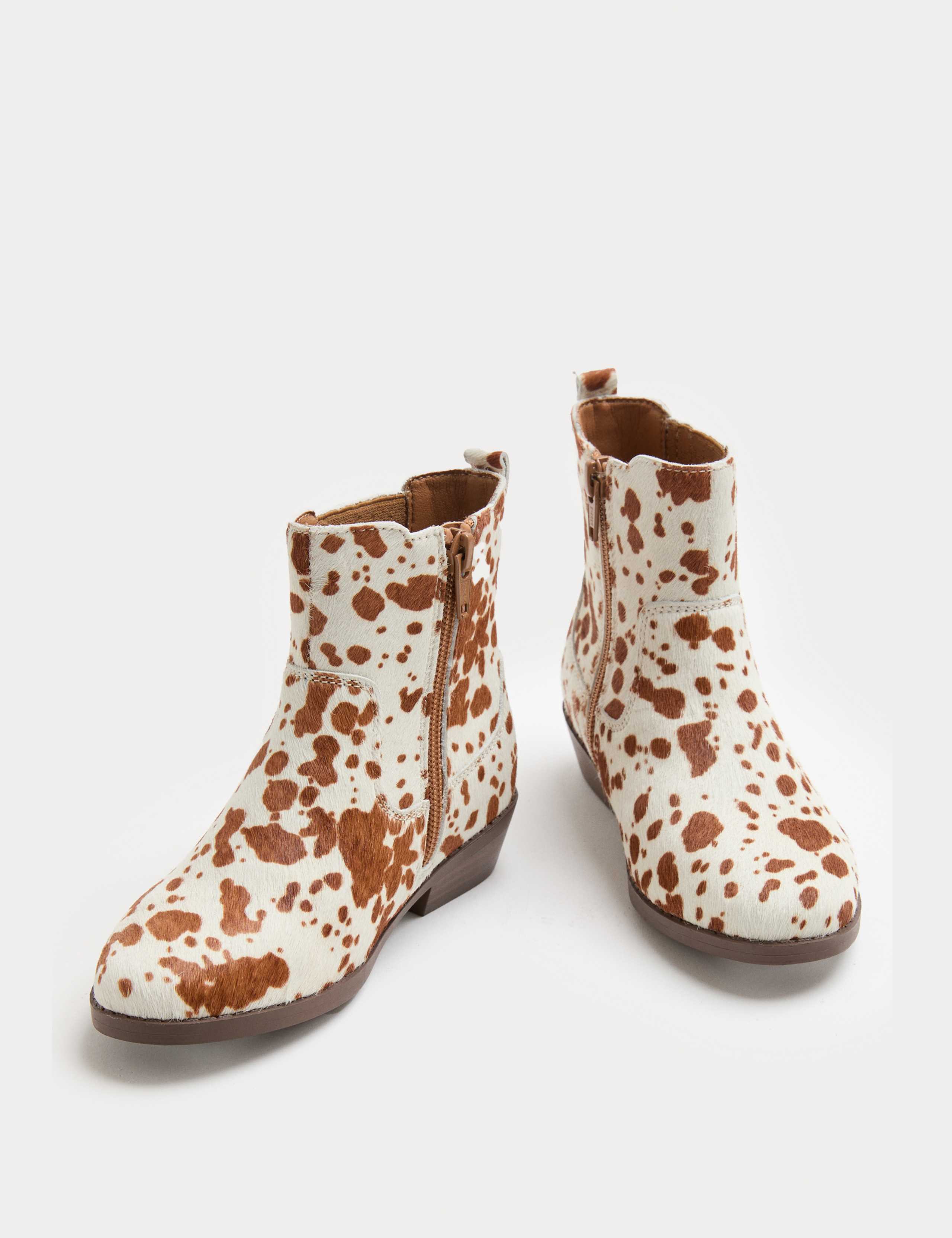 Kids' Leather Cow Print Western Ankle Boots (4 Small - 6 Large)
