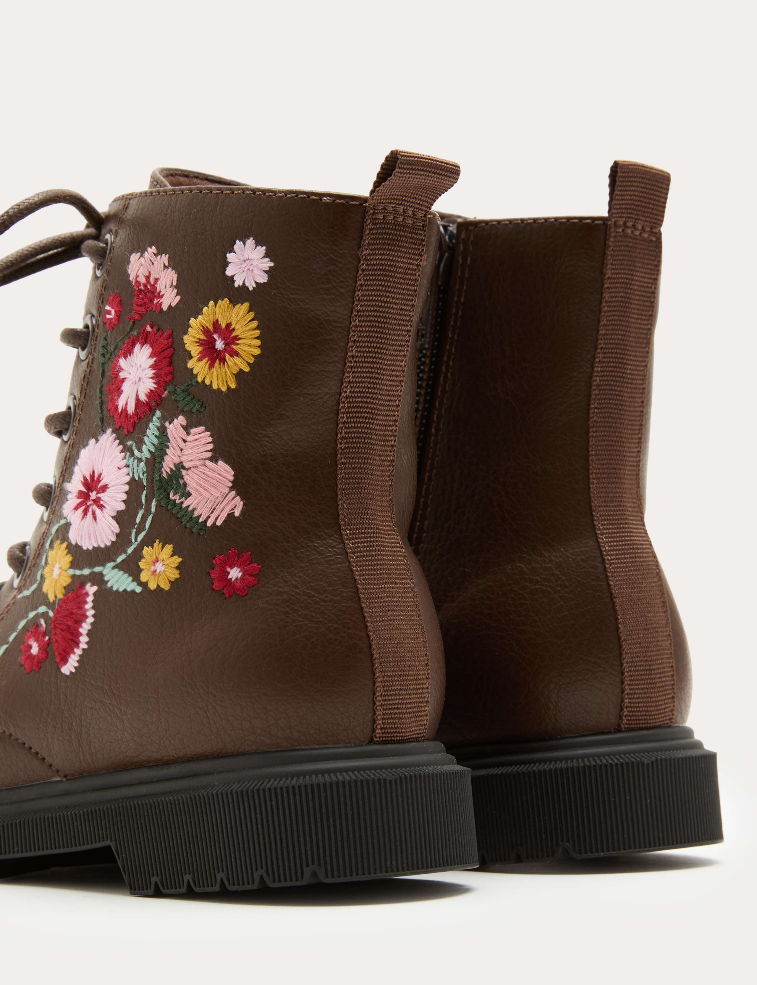 Kids' Floral Embroidered Lace Up Boots (4 Small - 2 Large)