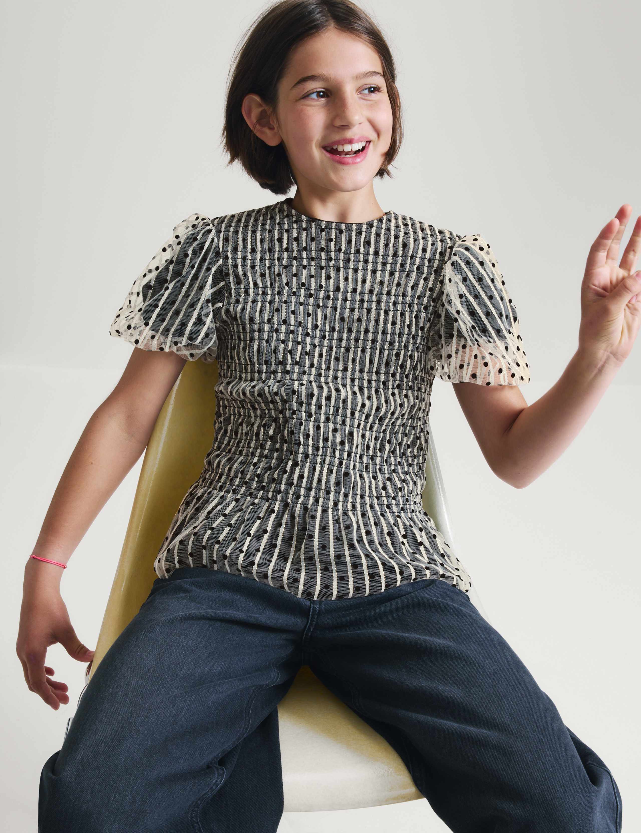 Mesh Polka Dot Puff Sleeve Top