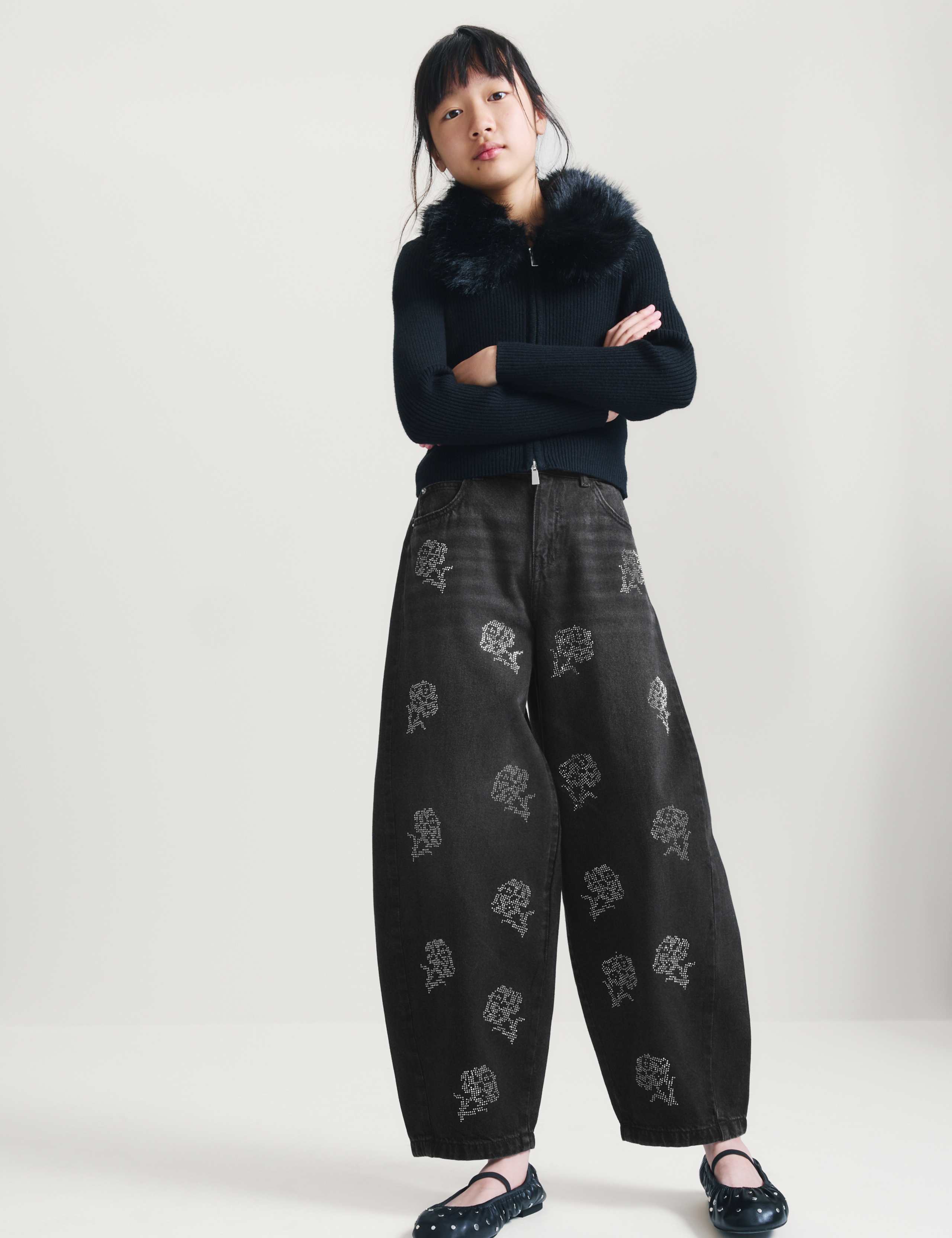 Denim Diamanté Rose Barrel Leg Jeans (6-16 Yrs)