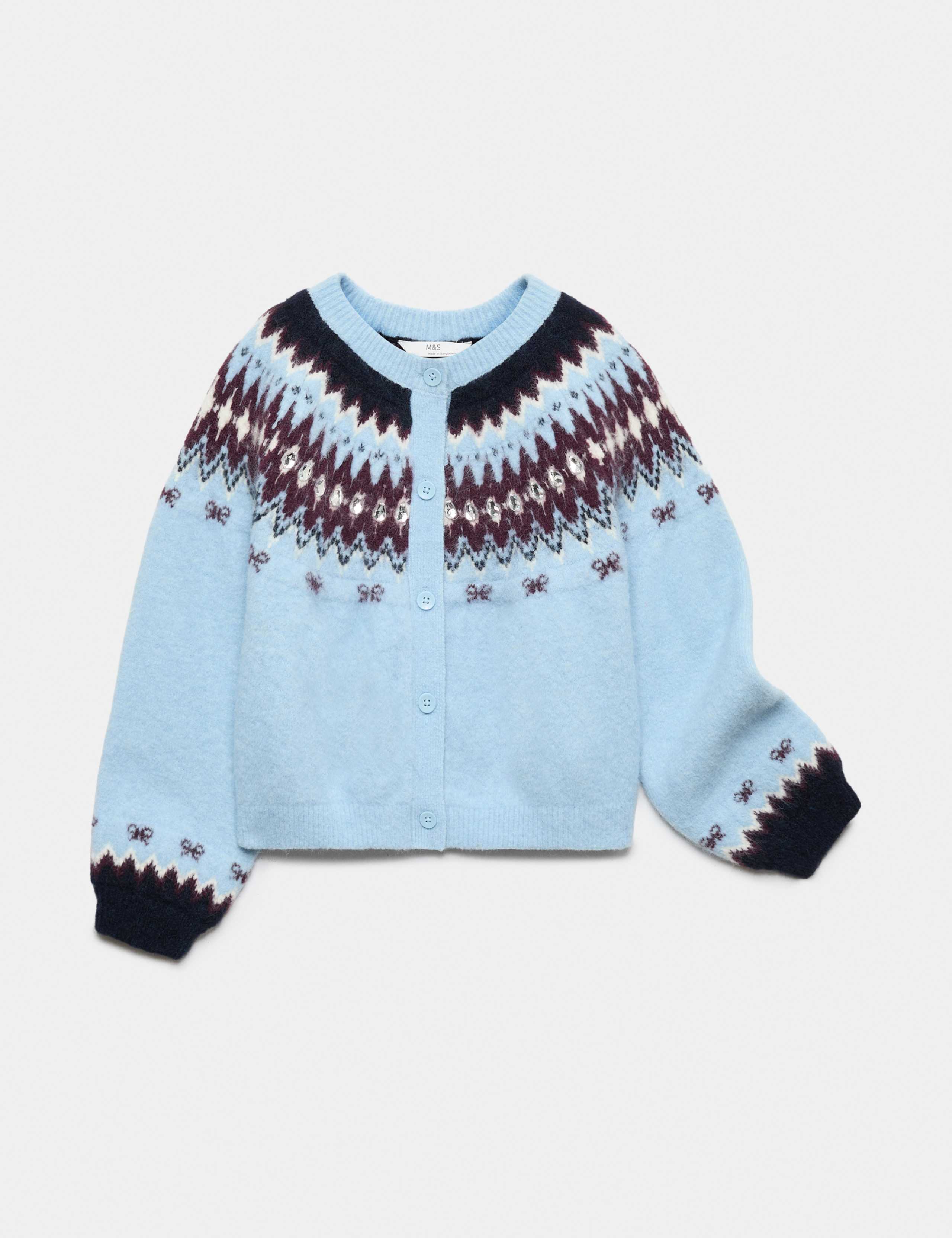 Embellished Fairisle Round Neck Cardigan