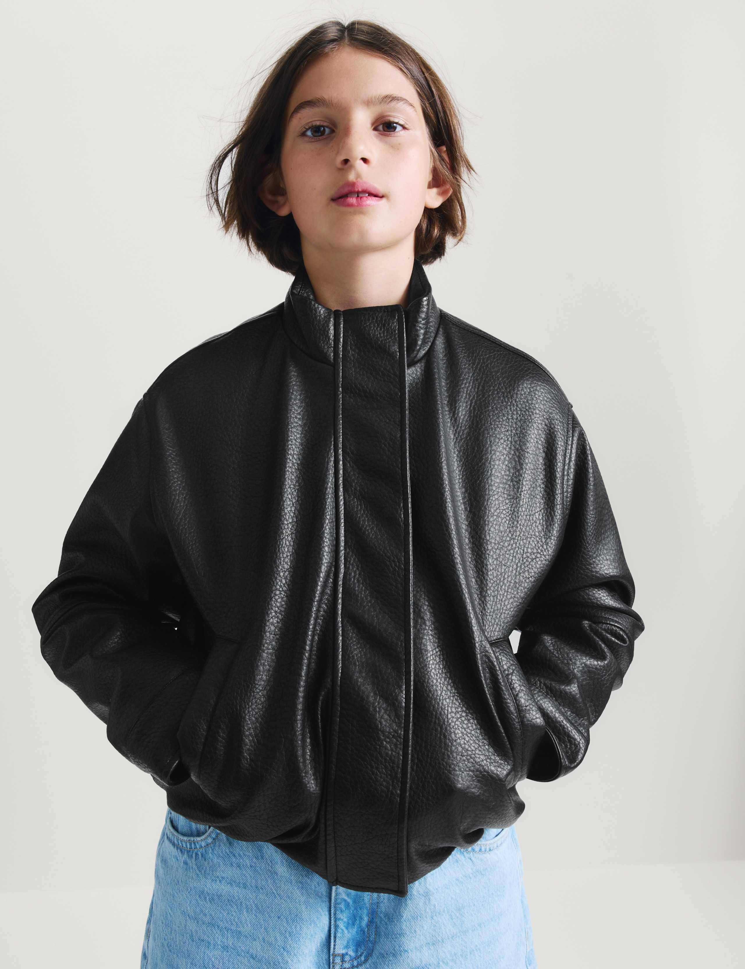 Funnel Neck Padded PU Jacket