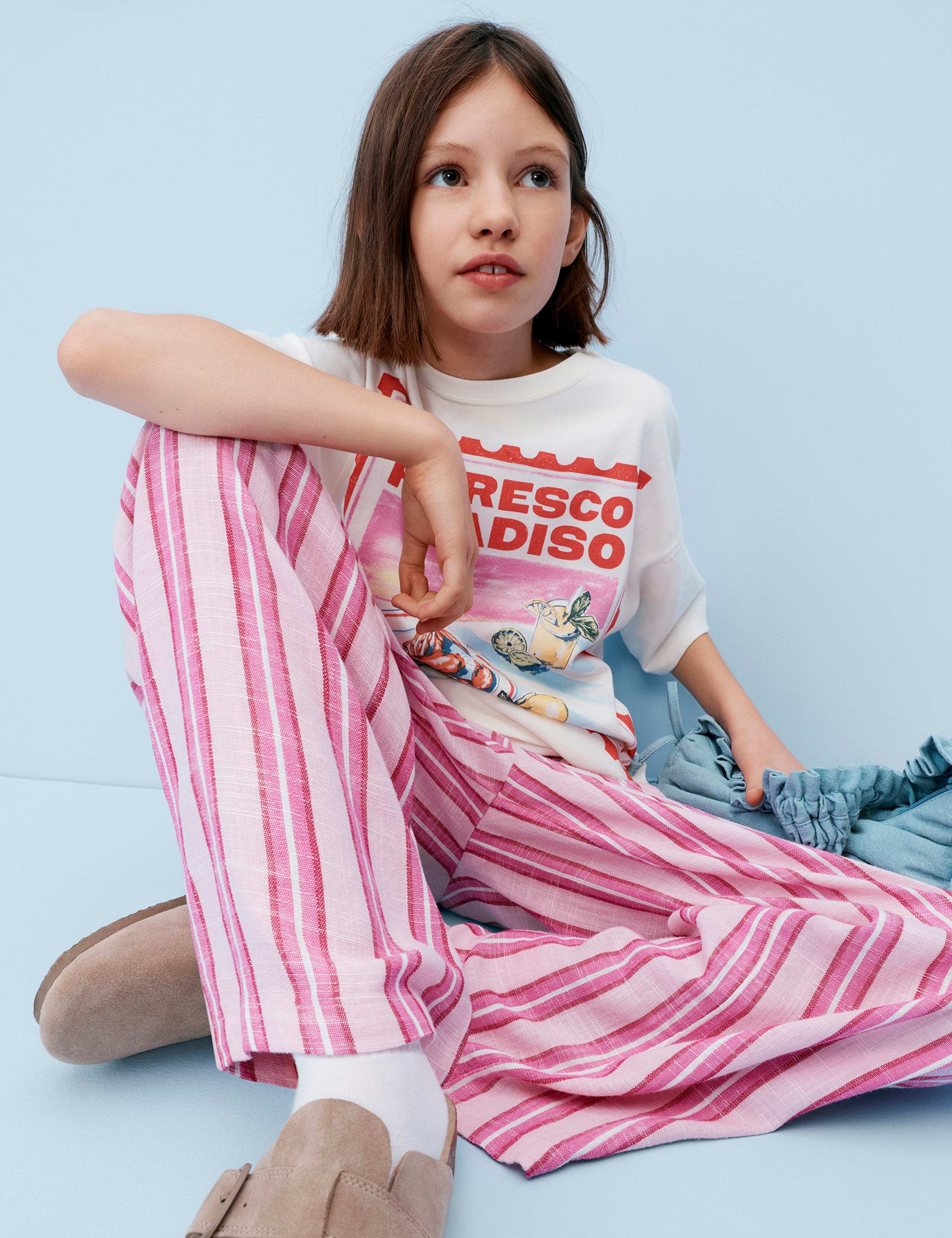 Linen Blend Striped Wide Leg Trousers (6-16 Yrs)