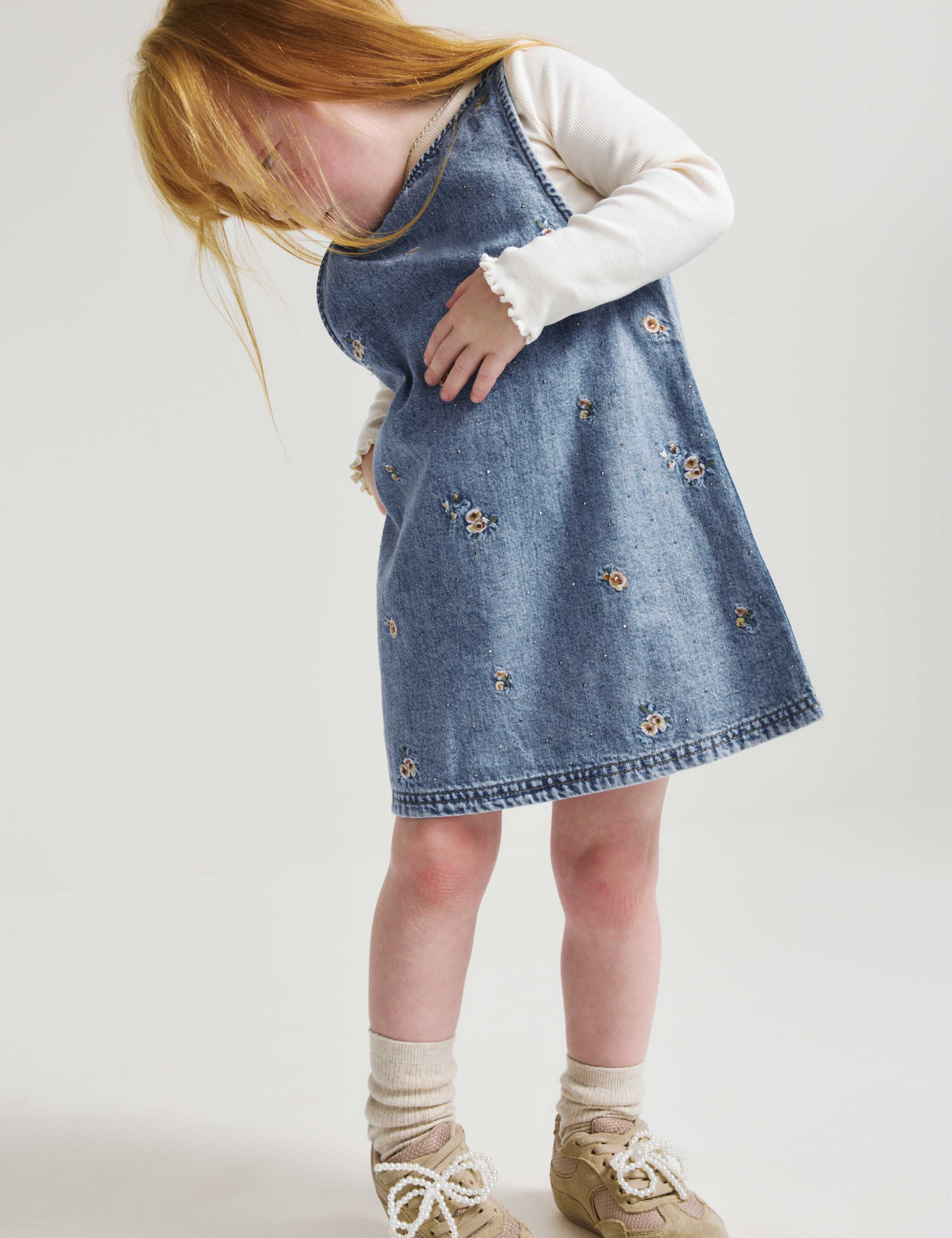 Denim Floral Embroidered Pinafore (2-8 Yrs)