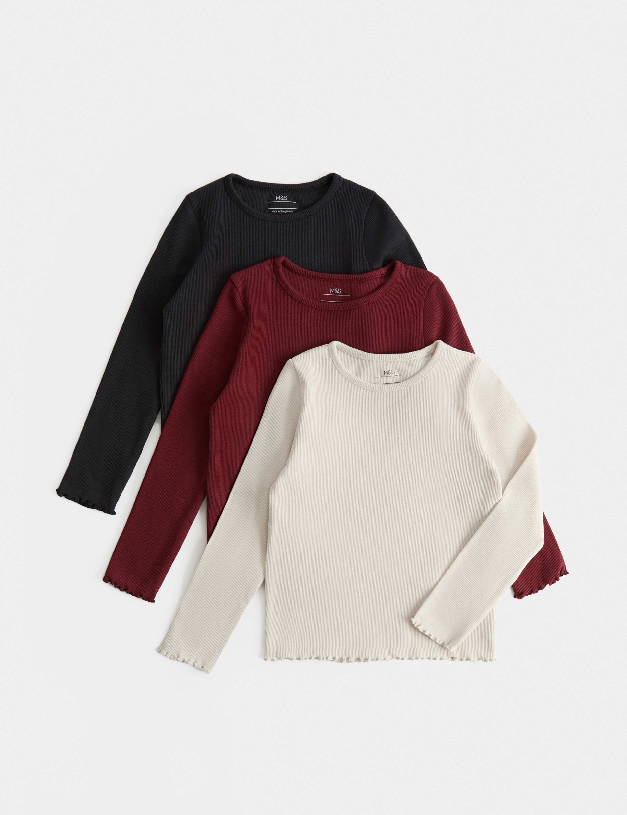 3pk Cotton Rich Ribbed Crew Neck Tops (2-8 Yrs)