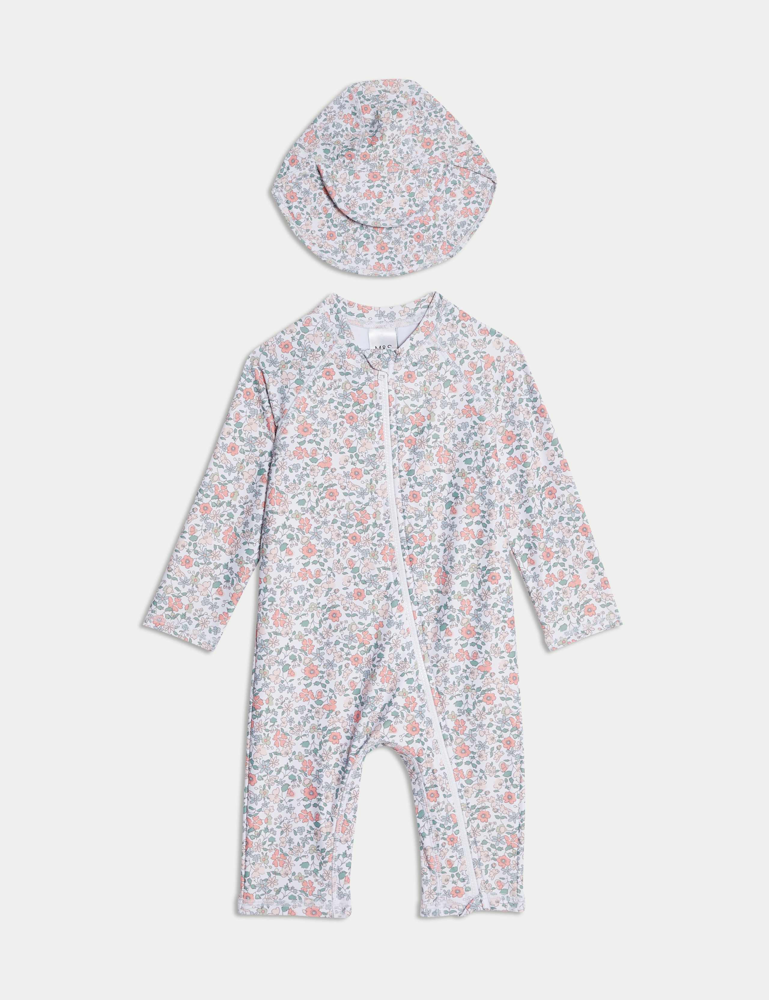 2pc Floral Zip All In One Swimsuit & Hat (0-3 Yrs)