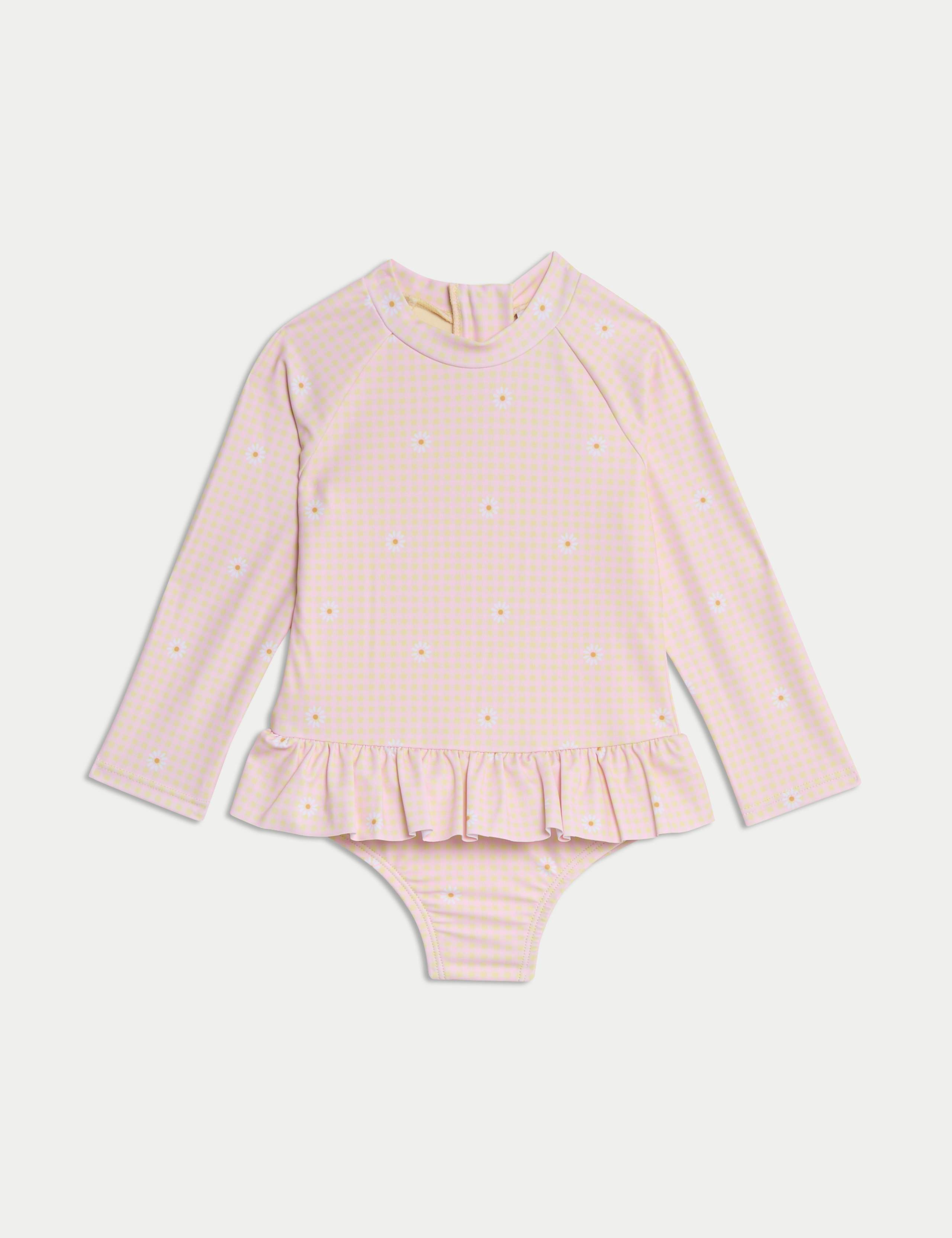 Gingham Floral Frill Long Sleeve Swimsuit (0-3 Yrs)