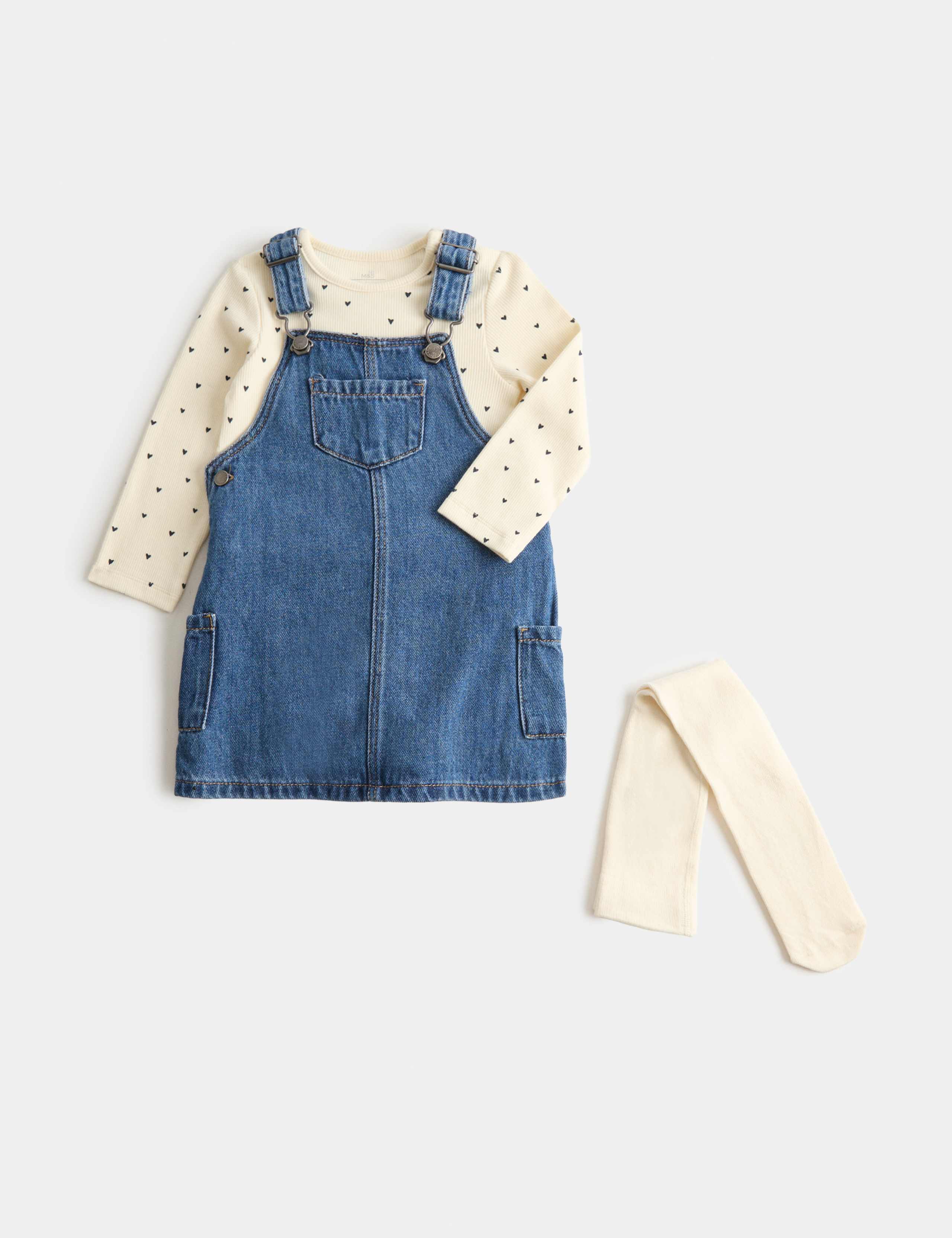 3 Piece Cotton Denim Pinny Outfit with Tights (0-3 Yrs)