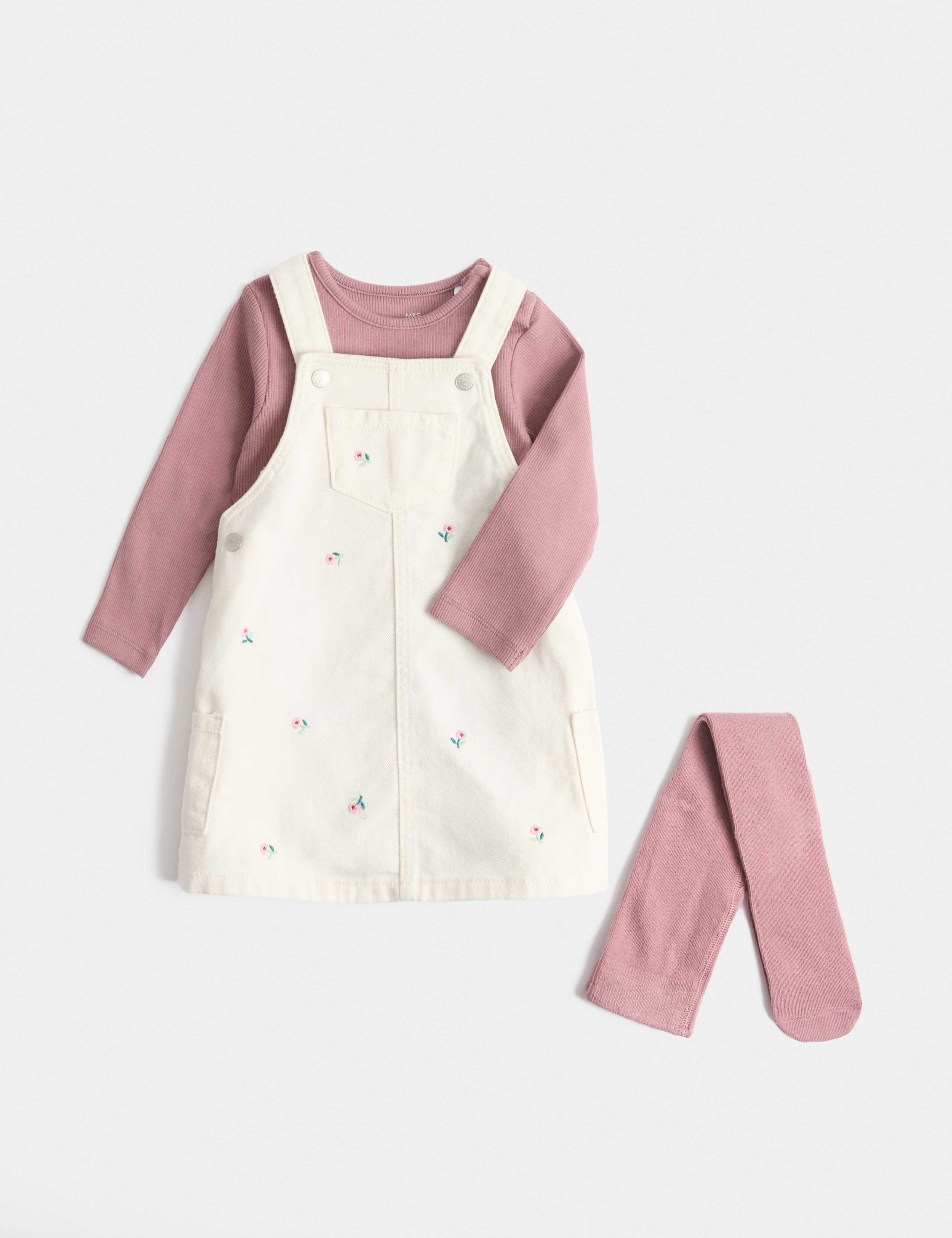 2pk Cotton Rich Embroidered Pinafore & Tights