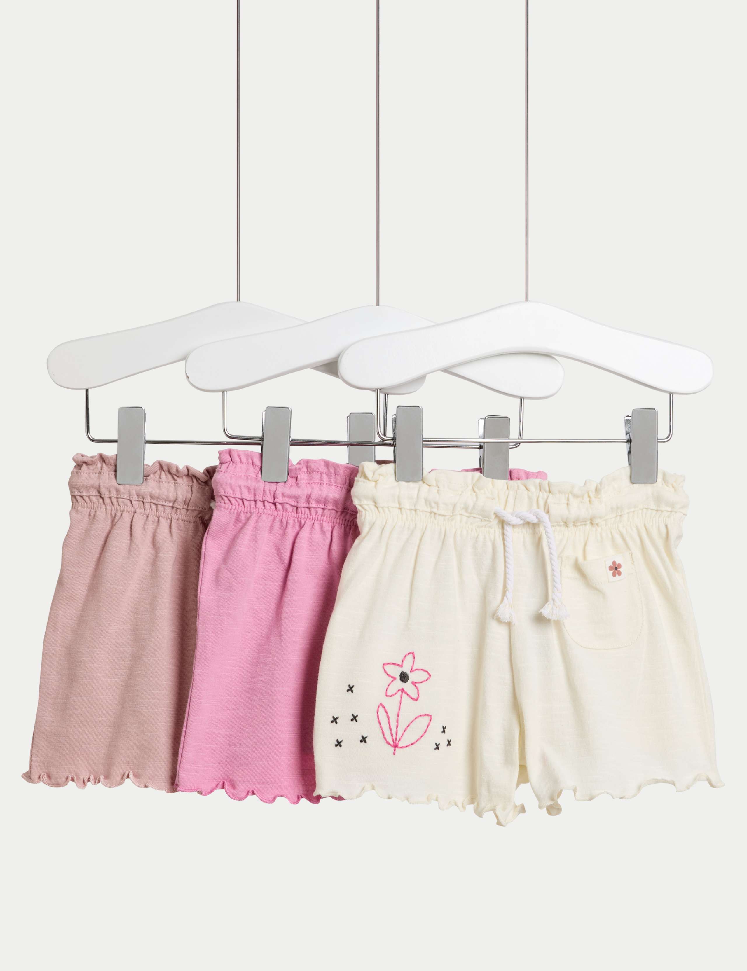 3pk Pure Cotton Jersey Floral Embroidery Shorts (0 Mths-3 Yrs)