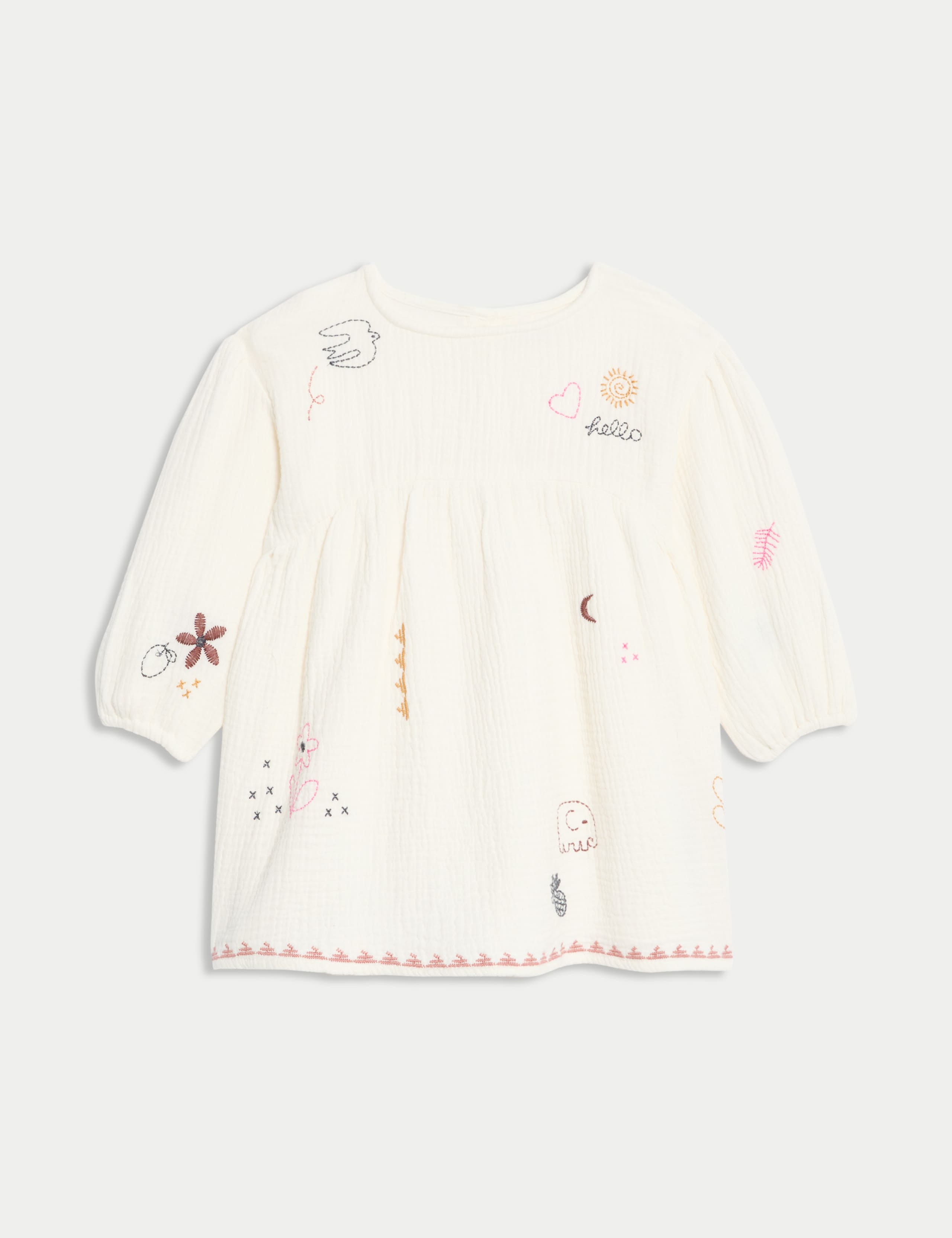 Pure Cotton Embroidered Puff Sleeve Dress (0-6 Yrs)
