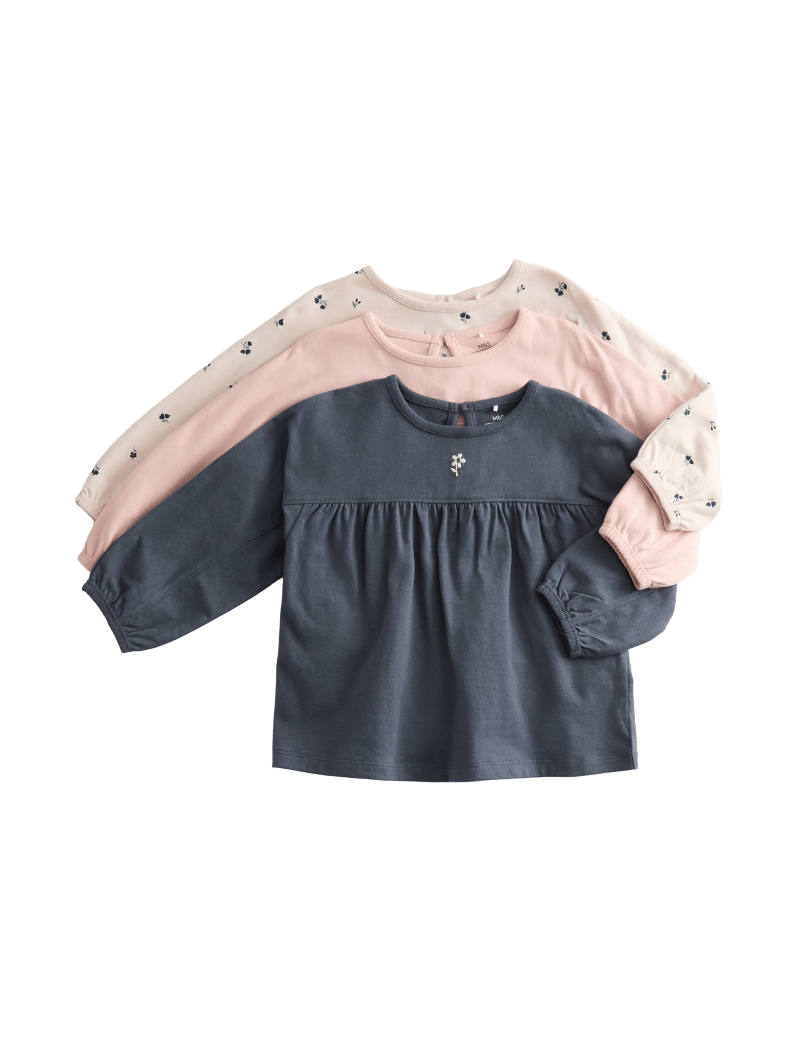 3pk Pure Cotton Ditsy and Plain Tops (0-3 Yrs)