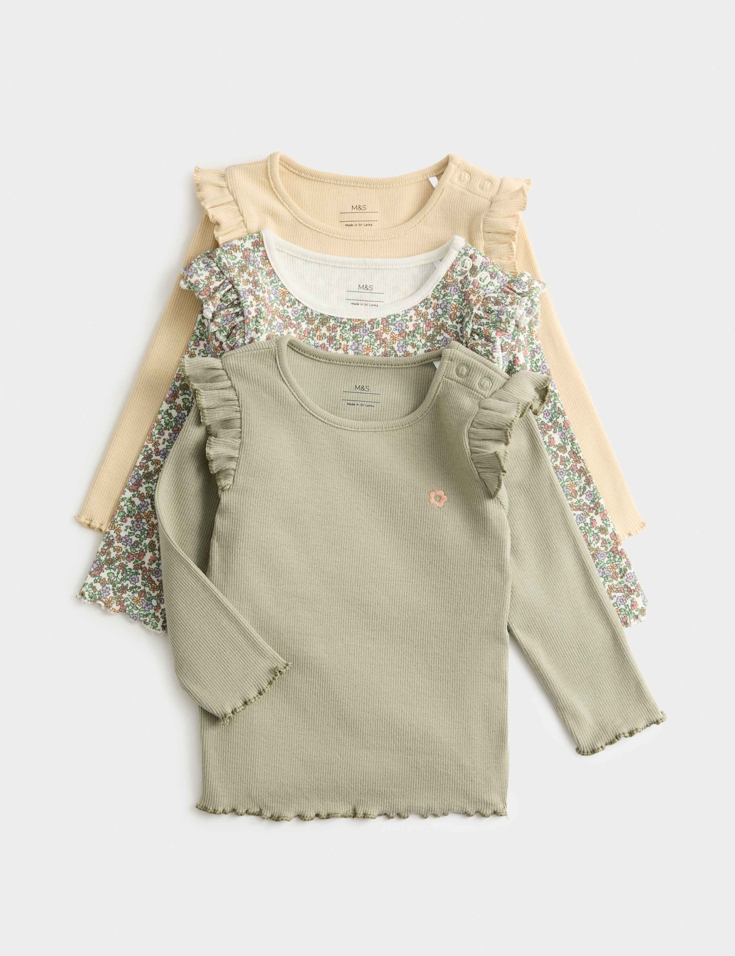 3pk Cotton Rich Ditsy Long-Sleeve Tops (0-3 Yrs)