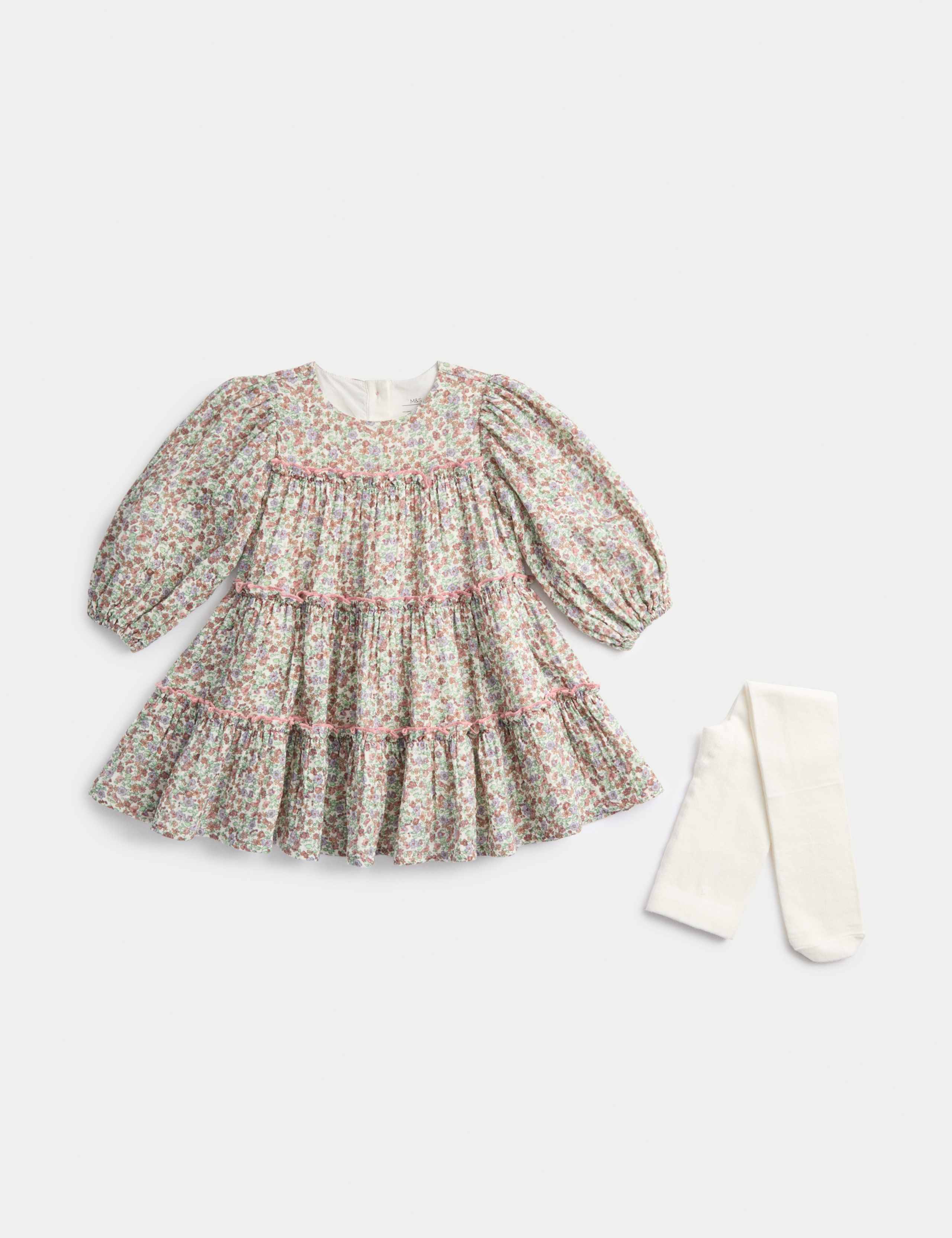 2pc Cotton Ditsy Floral Tiered Dress with Tights (0-6 Yrs)