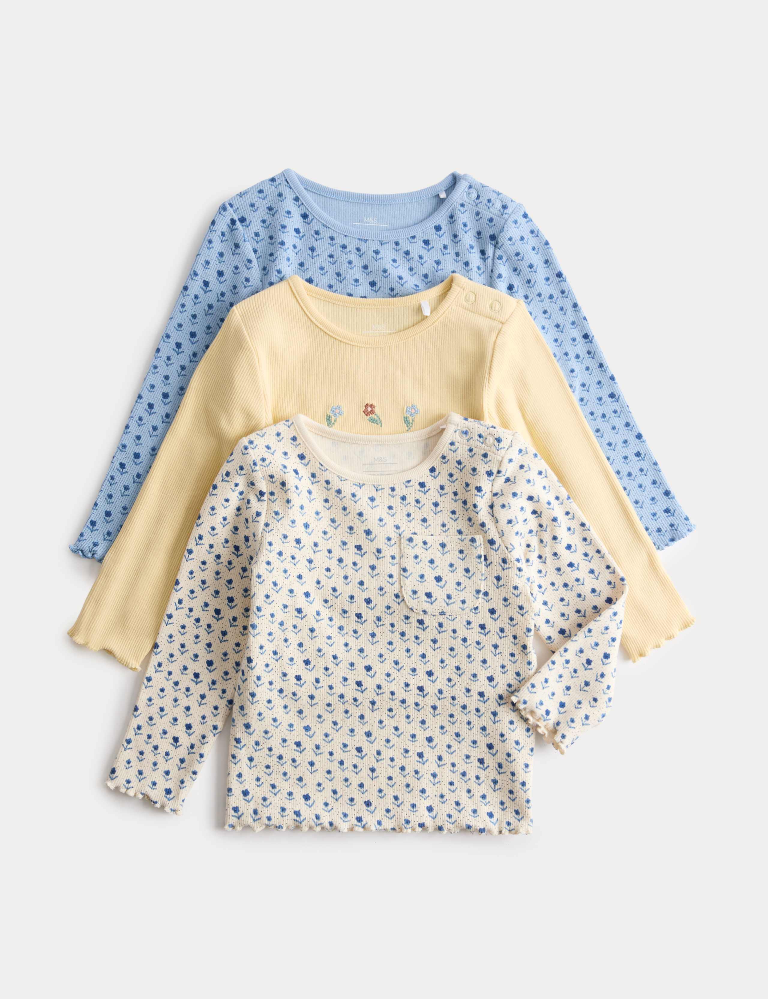 3 Pack Cotton Rich Floral Ribbed Tops (6 Months-6 Years)