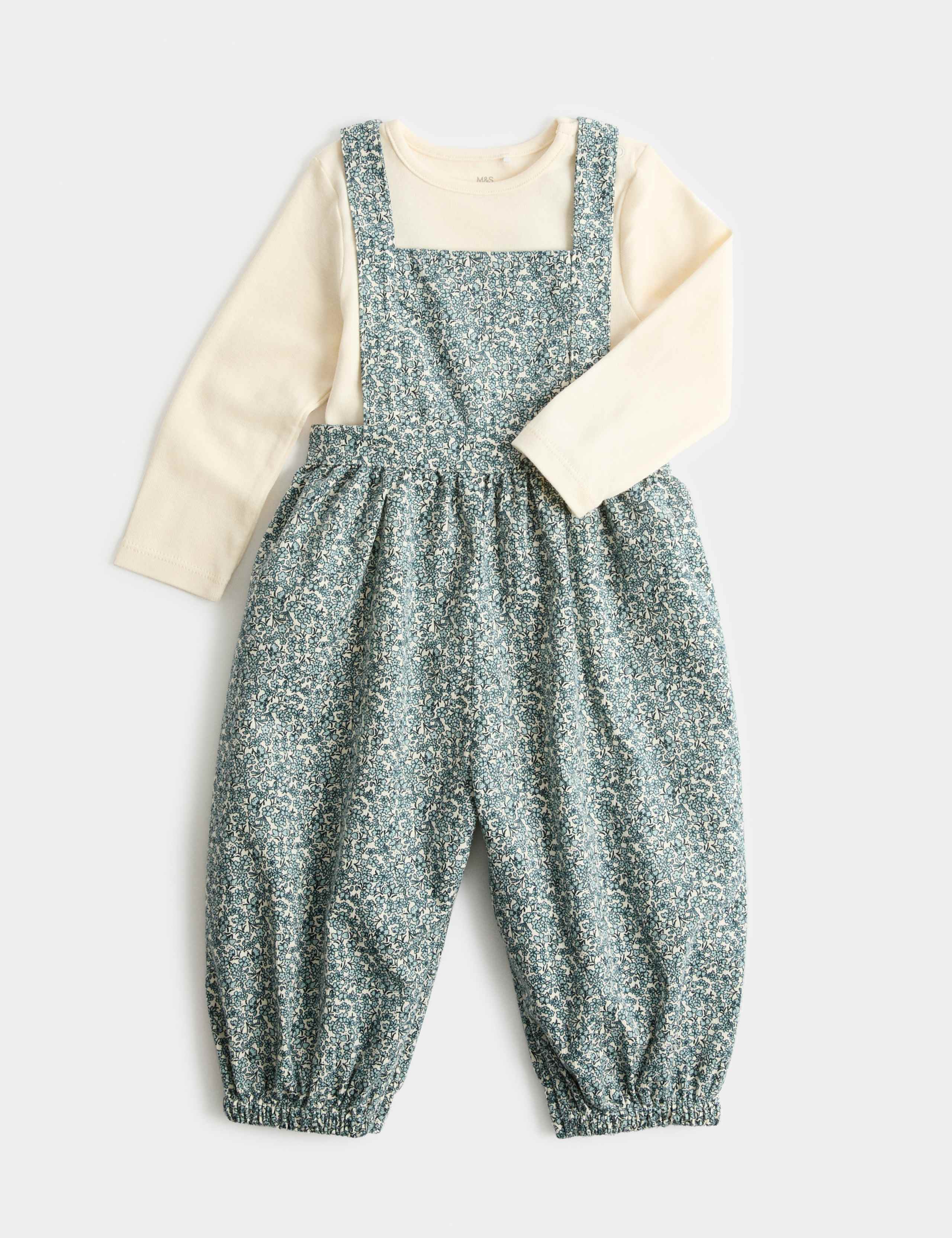 2 Piece Pure Cotton Ditsy Dungaree Outfit (0-3 Yrs)