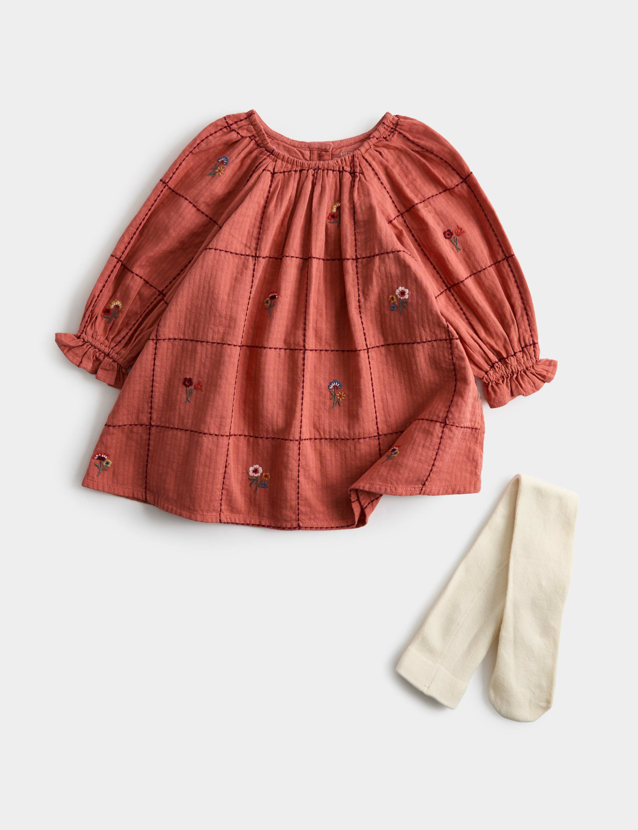 Pure Cotton Embroidered Dress with Tights (0-5 Yrs)