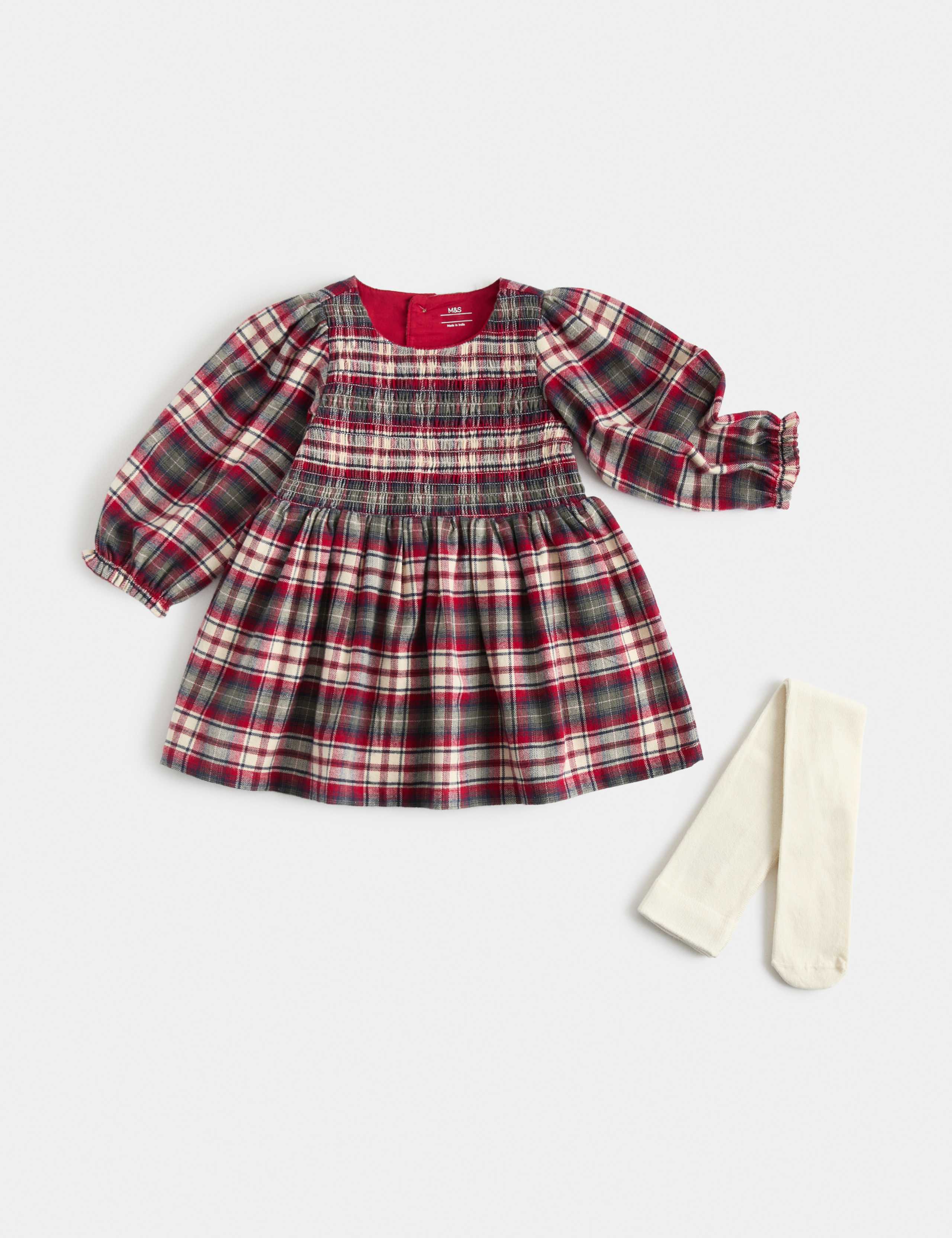 2pk Pure Cotton Checked Dress with Tights