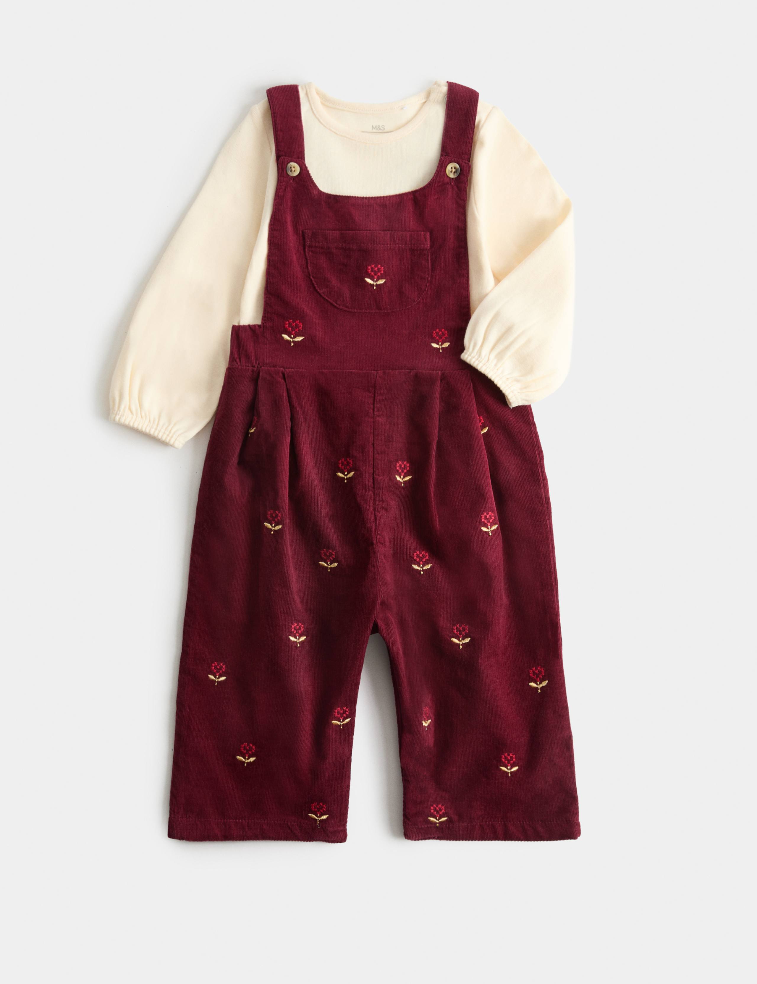 2pk Floral Embroidered Dungarees (2-7 Yrs)