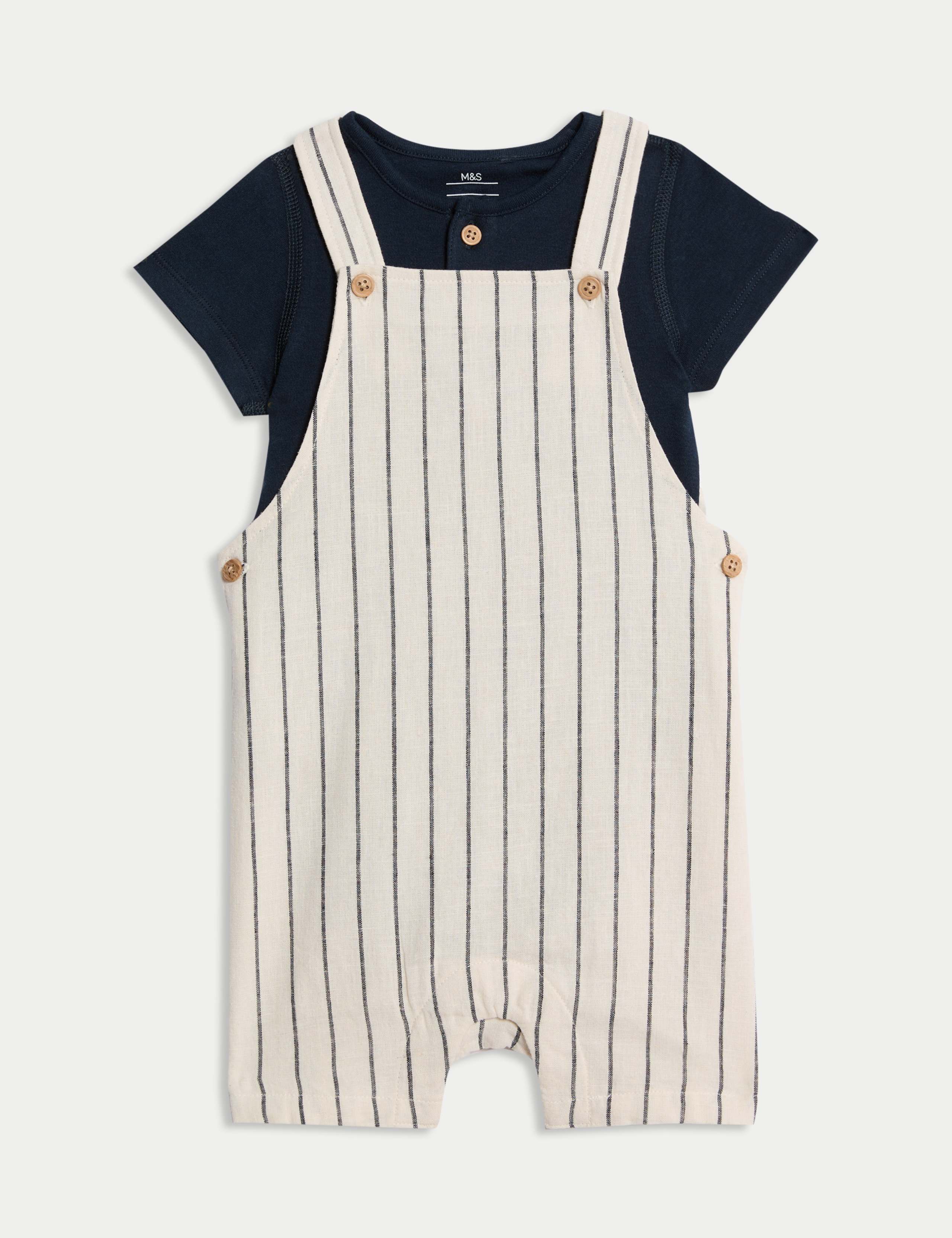 2pc Cotton Linen Striped Dungaree Outfit (0-3 Yrs)