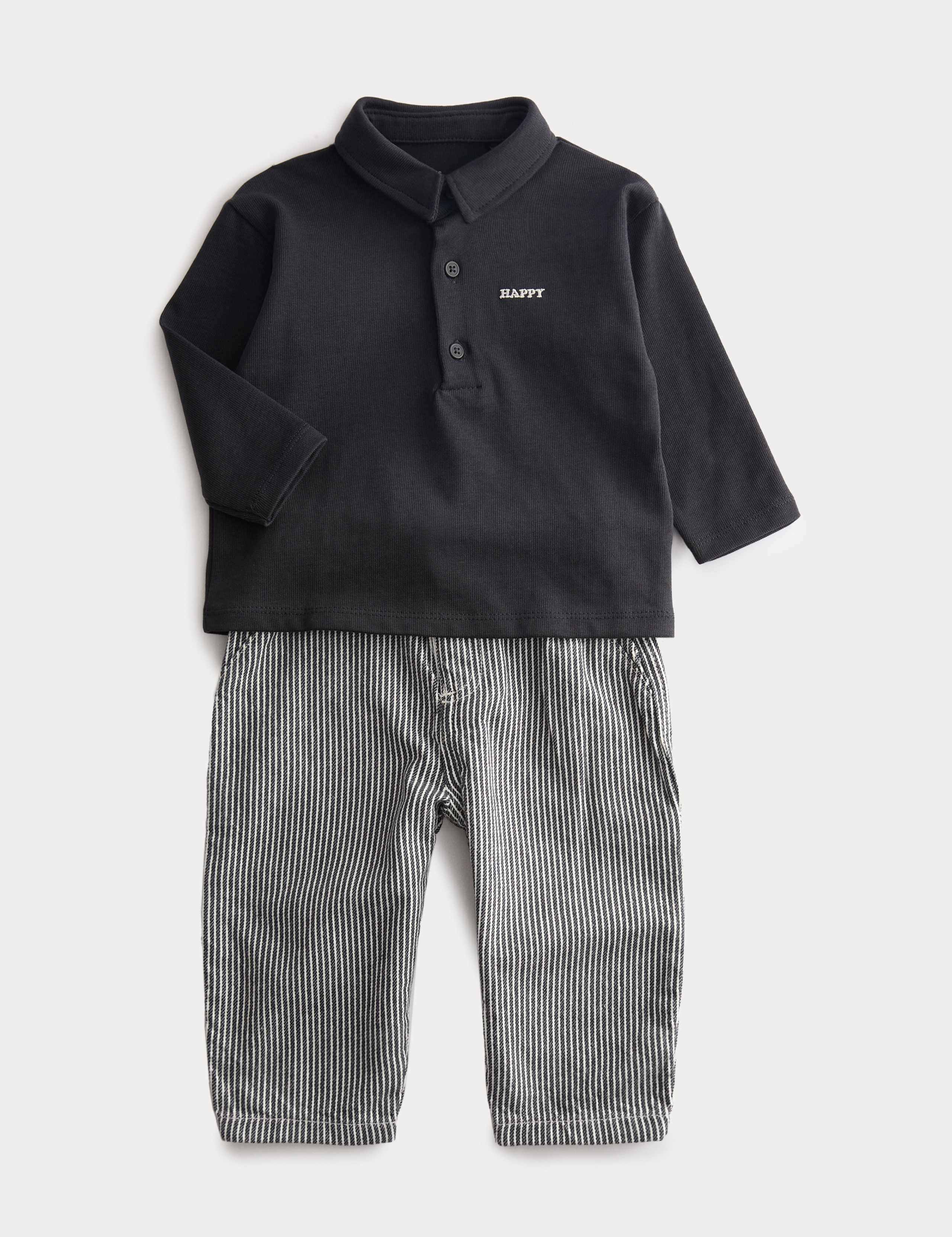 Pure Cotton Long Sleeve Polo Shirt & Trousers Outfit (0-3 Yrs)