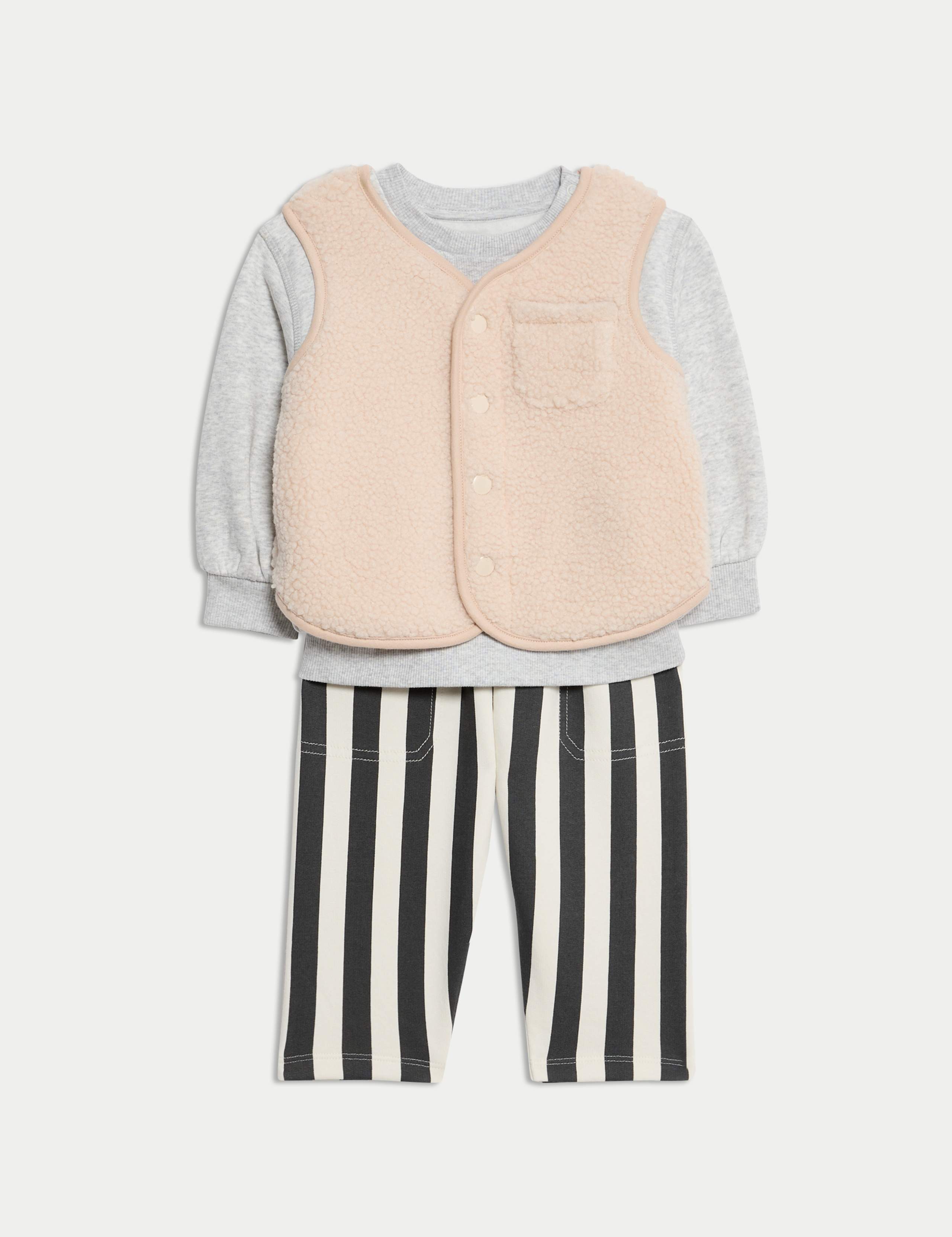 3pc Sweatshirt Striped Joggers Borg Gilet Outfit (0 Mths-3 Yrs)