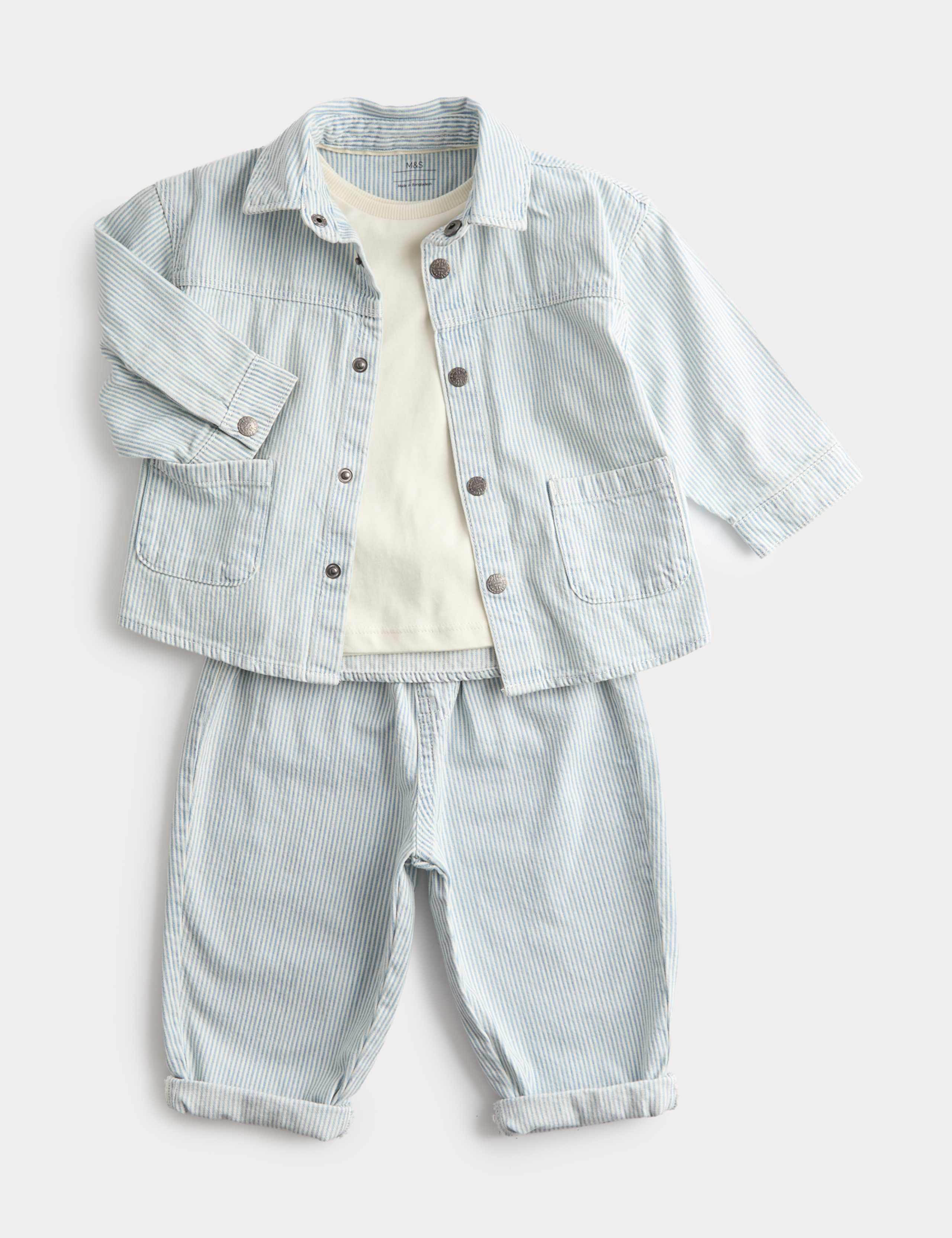 3 Piece Pure Cotton Blue Ticking Striped Outfit (0-3 Years)