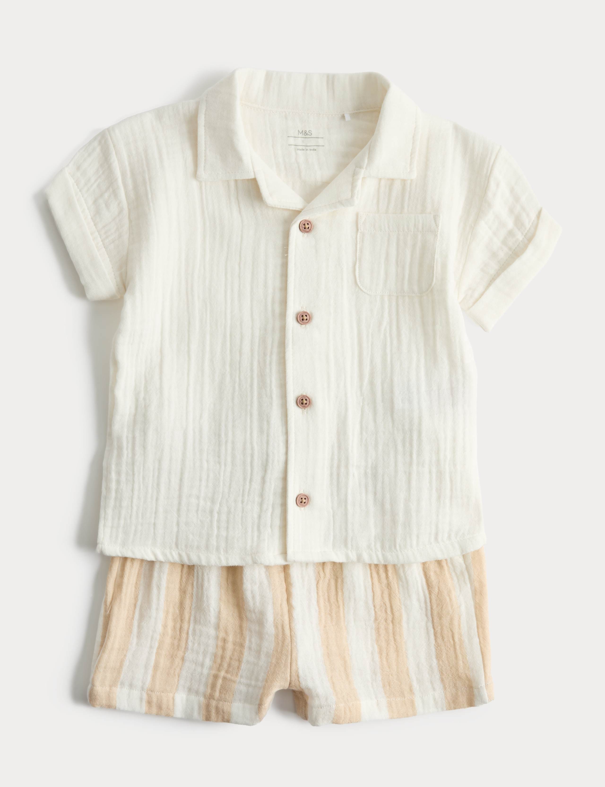 2 Piece Double Cloth Shirt and Striped Shorts Outfit (0-5 Years)