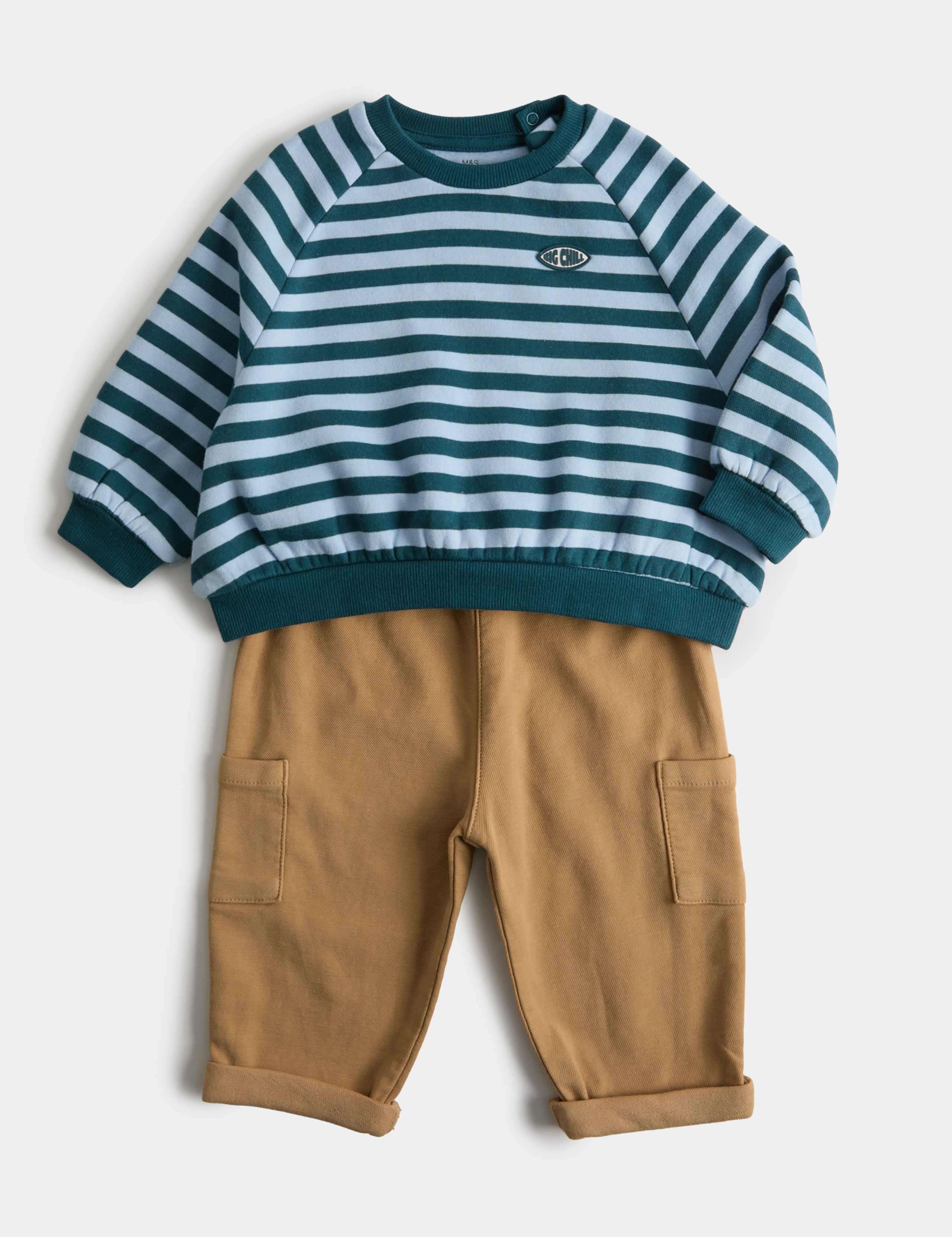 Cotton Rich Striped Slogan Sweatshirt with Chinos Outfit (0 Mths-5 Yrs)