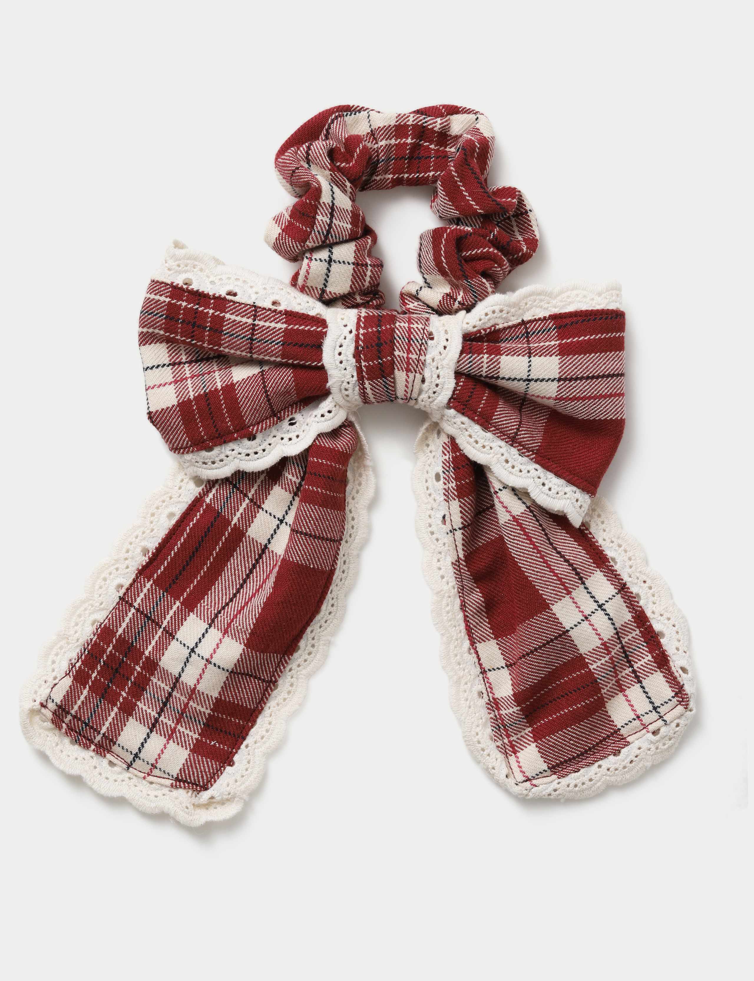 Checked Lace Trim Bow Scrunchie