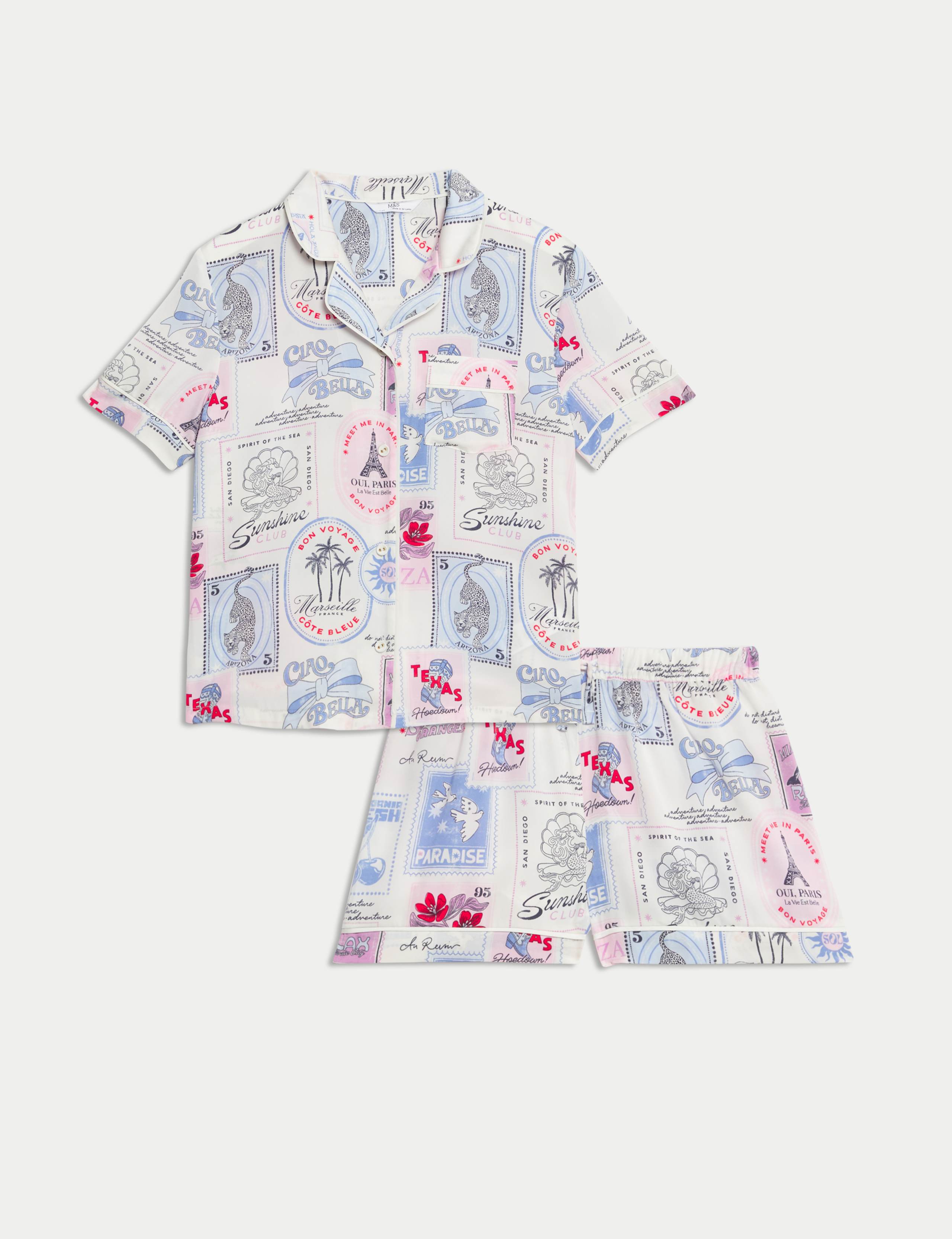 Satin Postcard Print Revere Pyjamas (3-16 Yrs)