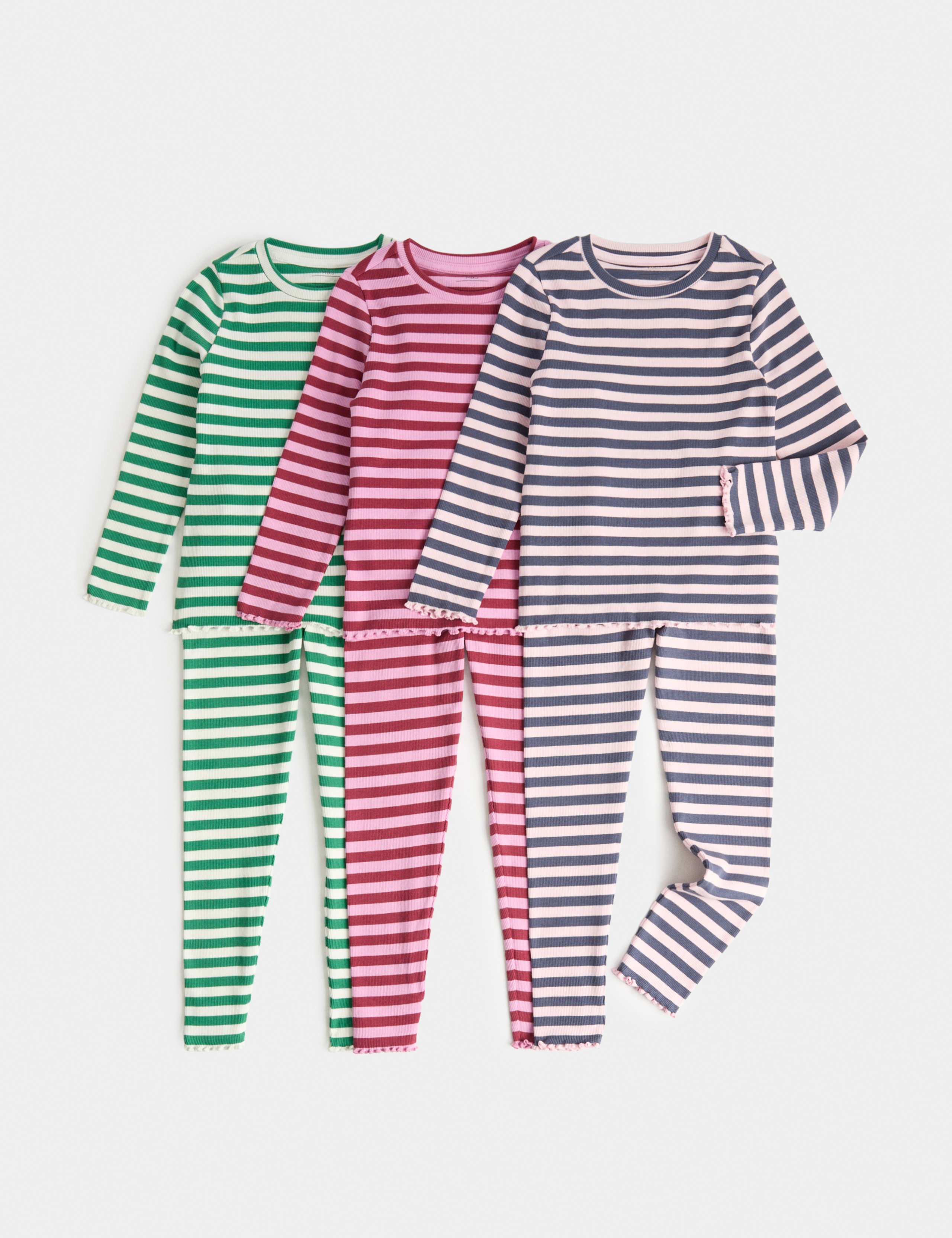 3 Pack Cotton Rich Ribbed Striped Pyjama Sets (1-8 Yrs)