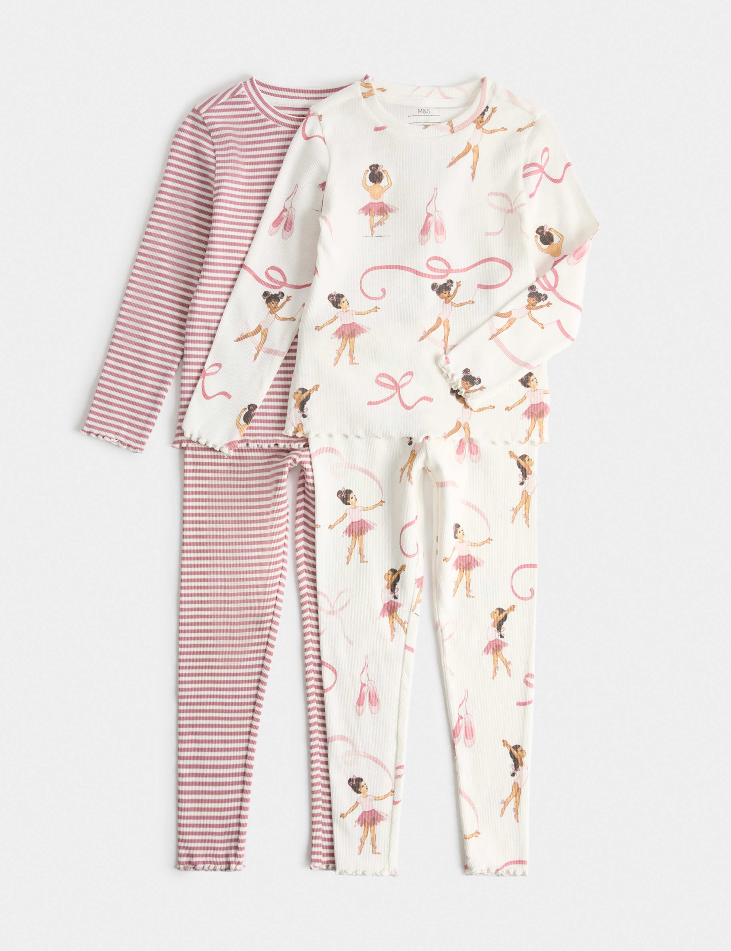 2 Pack Cotton Rich Ribbed Ballerina Pyjama Sets (1-8 Yrs)