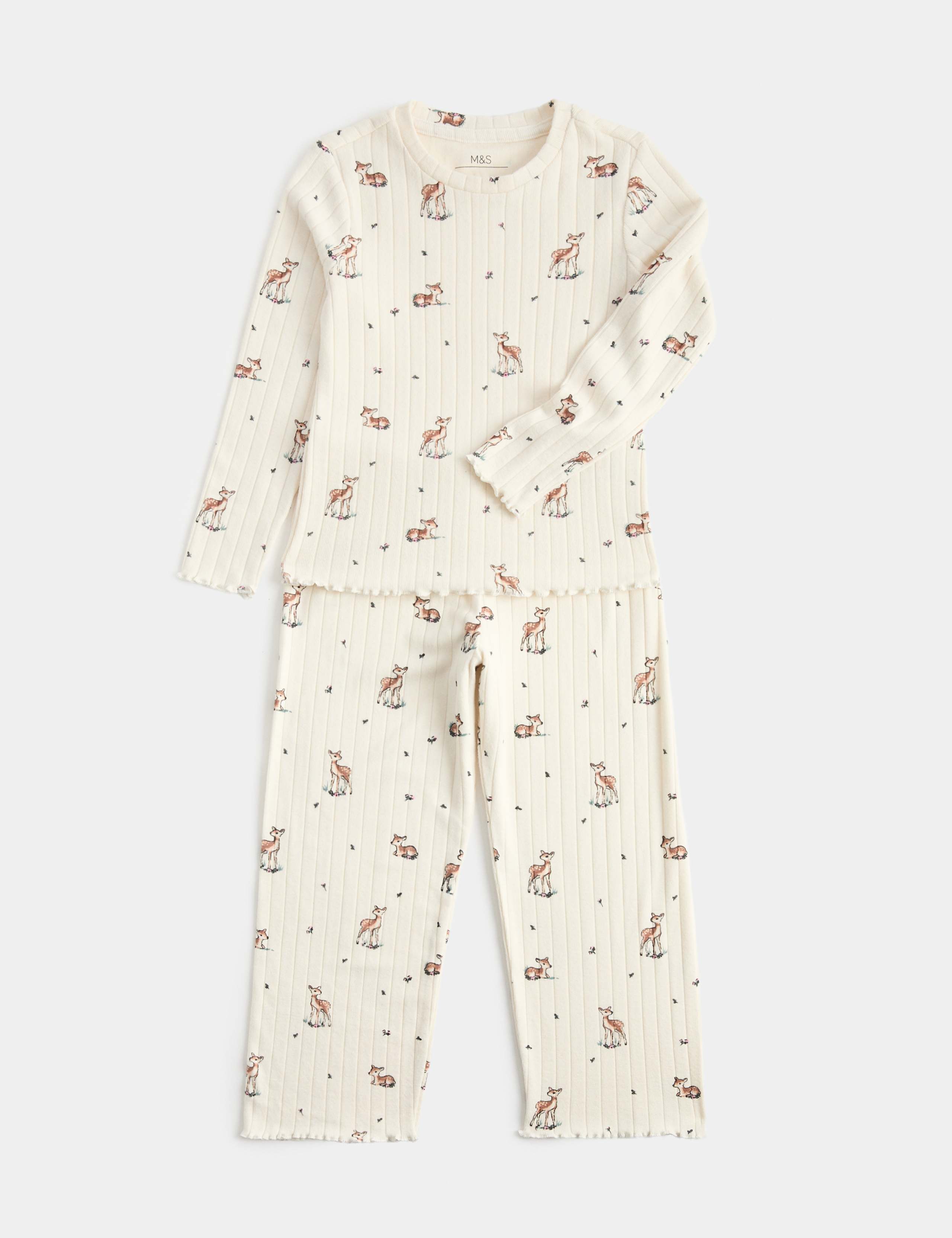 Deer Print Ribbed Long Sleeve Pyjama Set