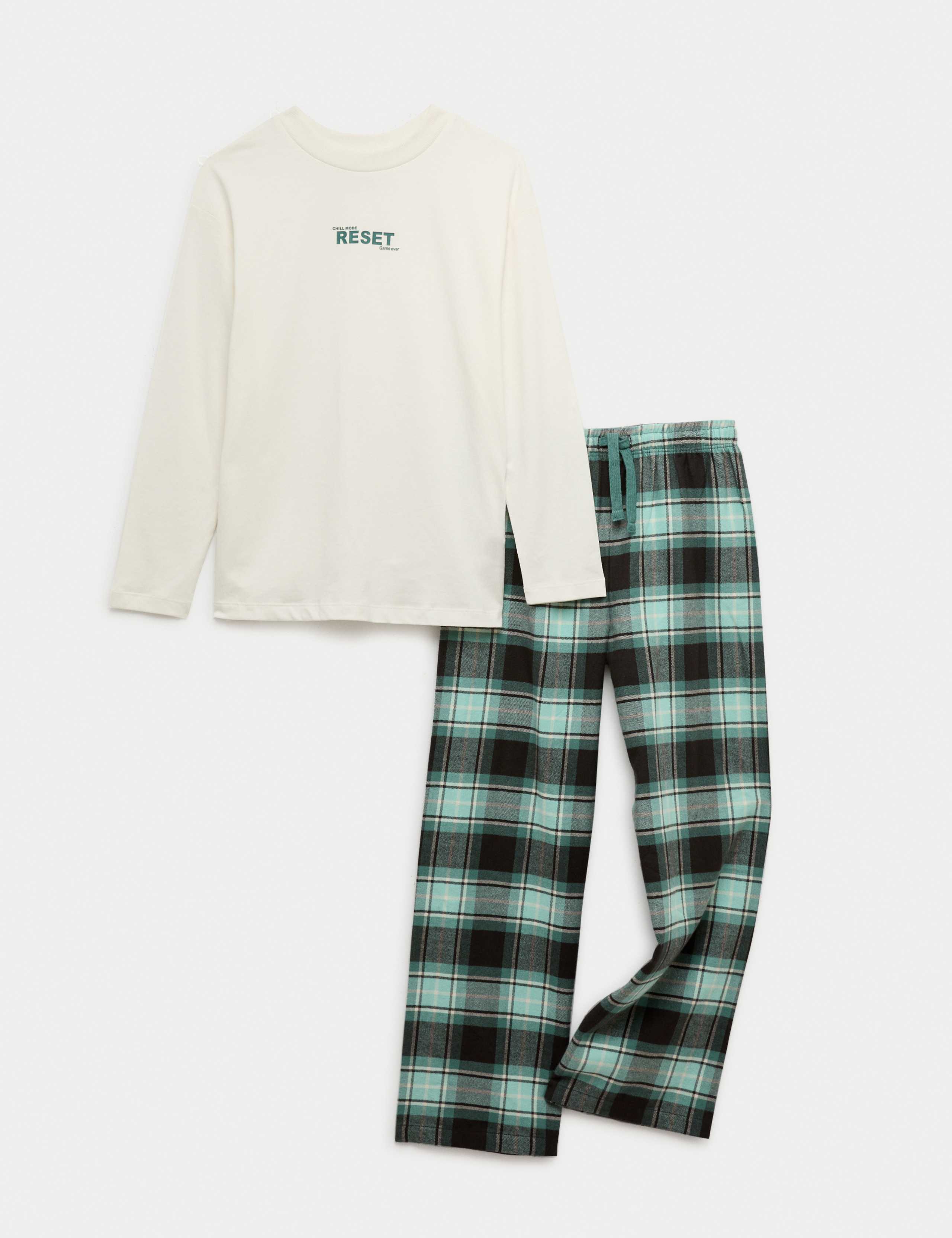 Pure Cotton Reset Slogan Checked Pyjamas (6-16 Yrs)