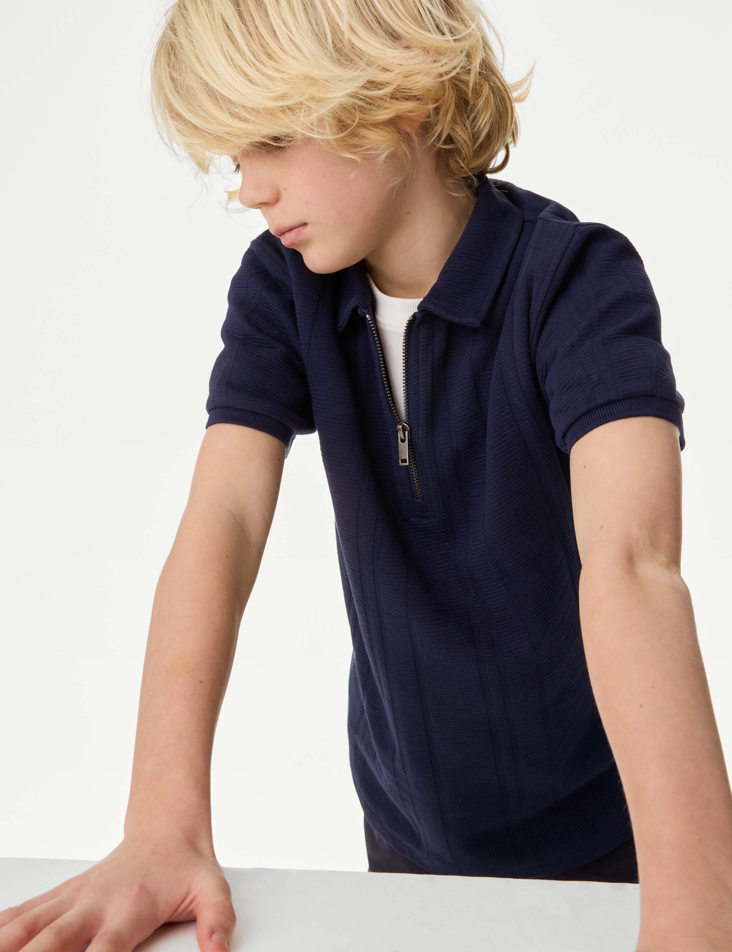 Pure Cotton Textured Zip Polo Shirt (2-16 Yrs)