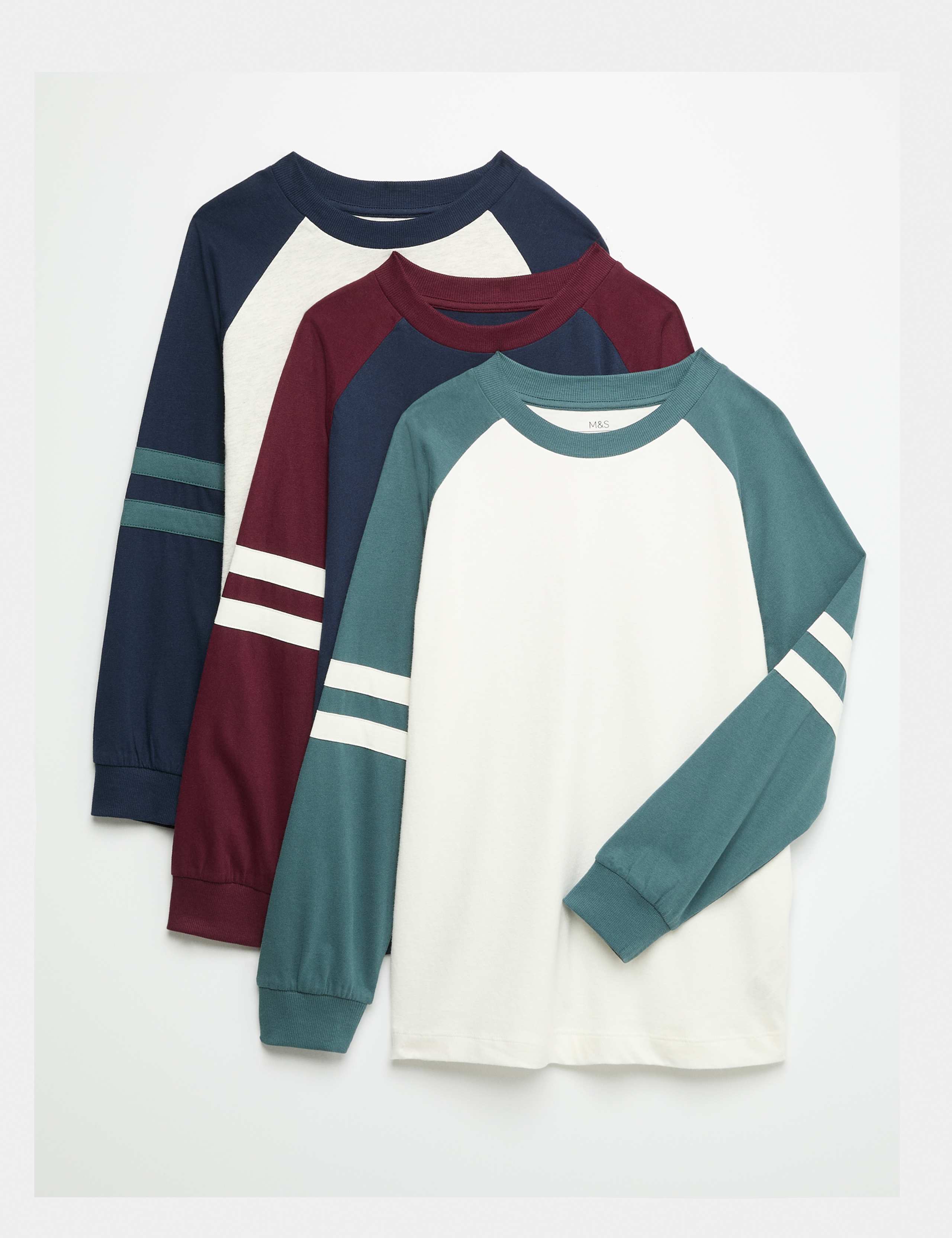 3 Pack Cotton Rich Striped Sleeve Tops (6-16 Yrs)