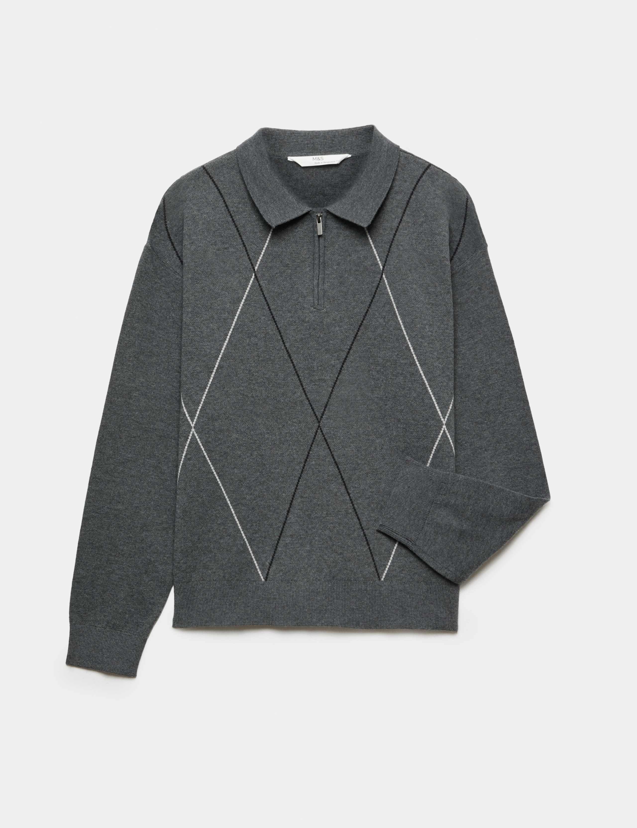 Cotton Blend Knitted Argyle Polo Shirt (6-16 Yrs)