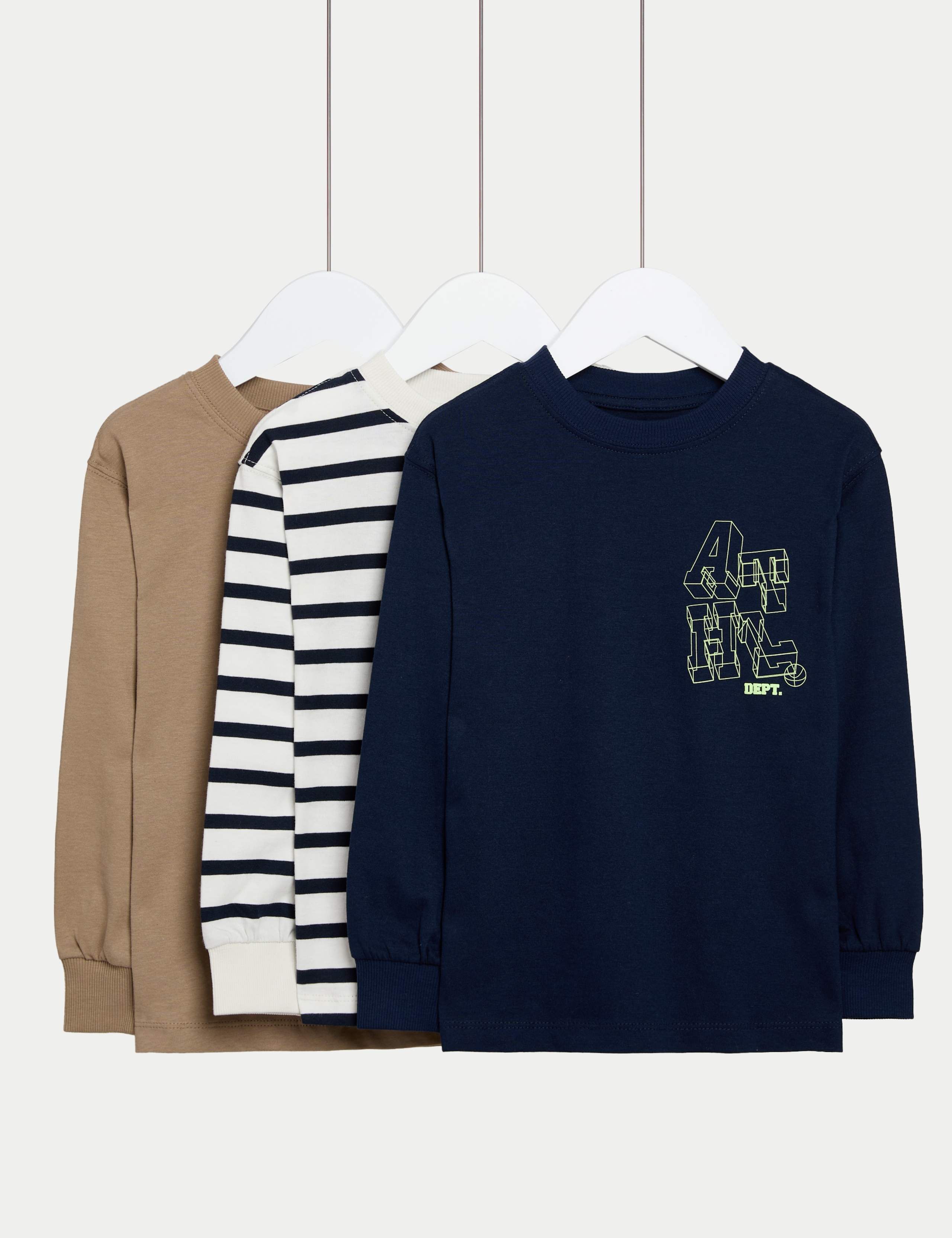 3pk Pure Cotton Graphic Stripe T-Shirts (2-8 Yrs)