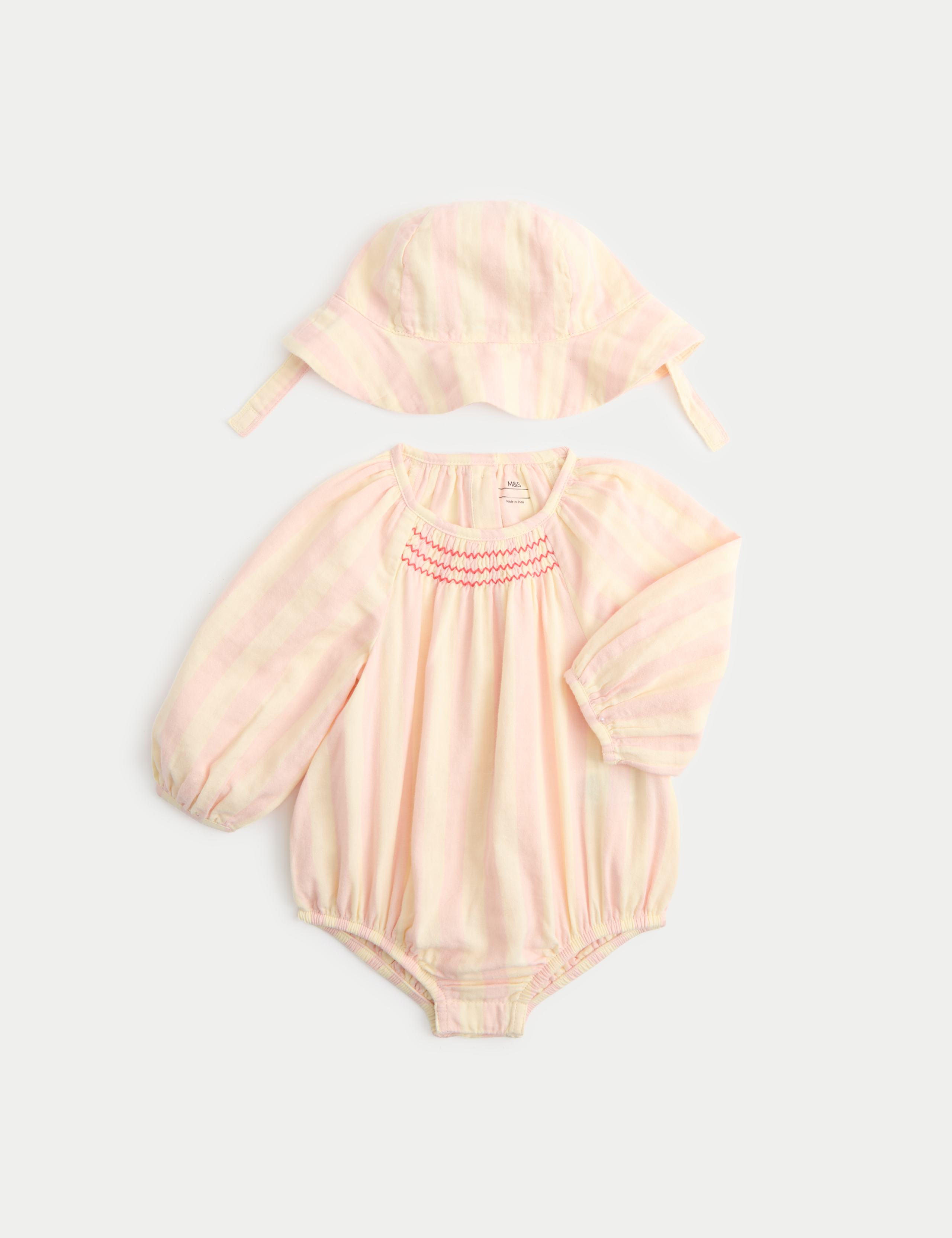 Pure Cotton Candy Stripe Woven Paddler with Hat (0-24 Mths)