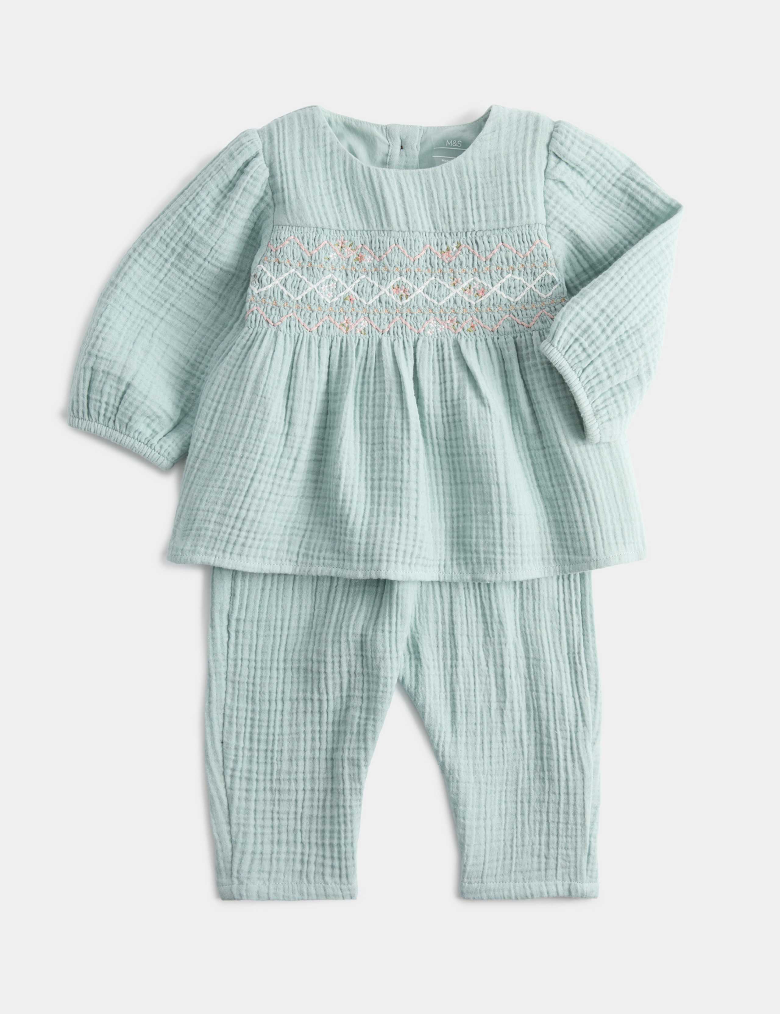 2 Piece Pure Cotton Woven Smocked Outfit (0-24 Mths)